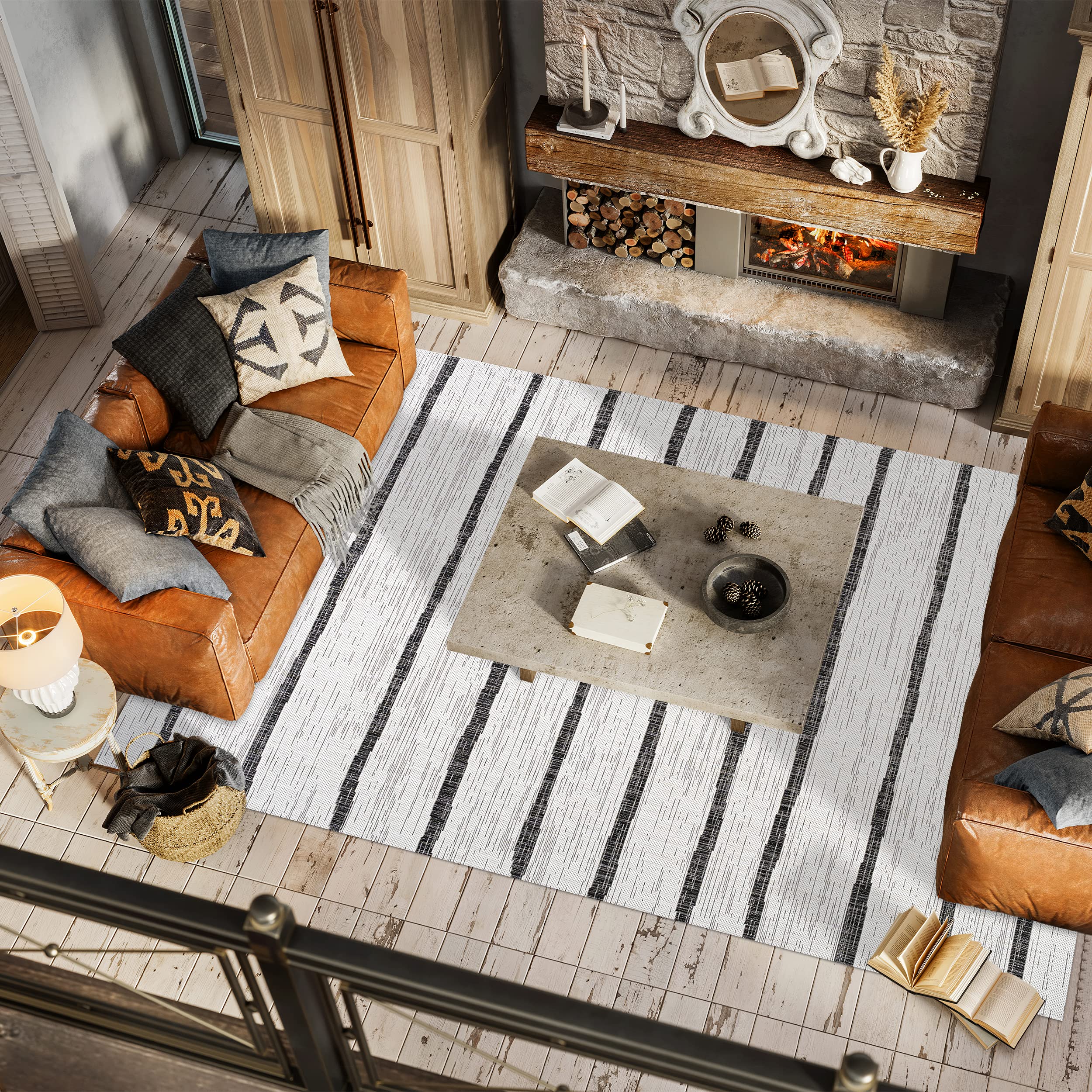 JONATHAN Y SMB125D-8 Berber Stripe Area Rug 8x10 ft - Modern Bohemian Indoor Outdoor Rug - Stain & Pet Friendly - Ivory Black - Perfect for Bedroom, Patio, Backyard & Living Room Decor