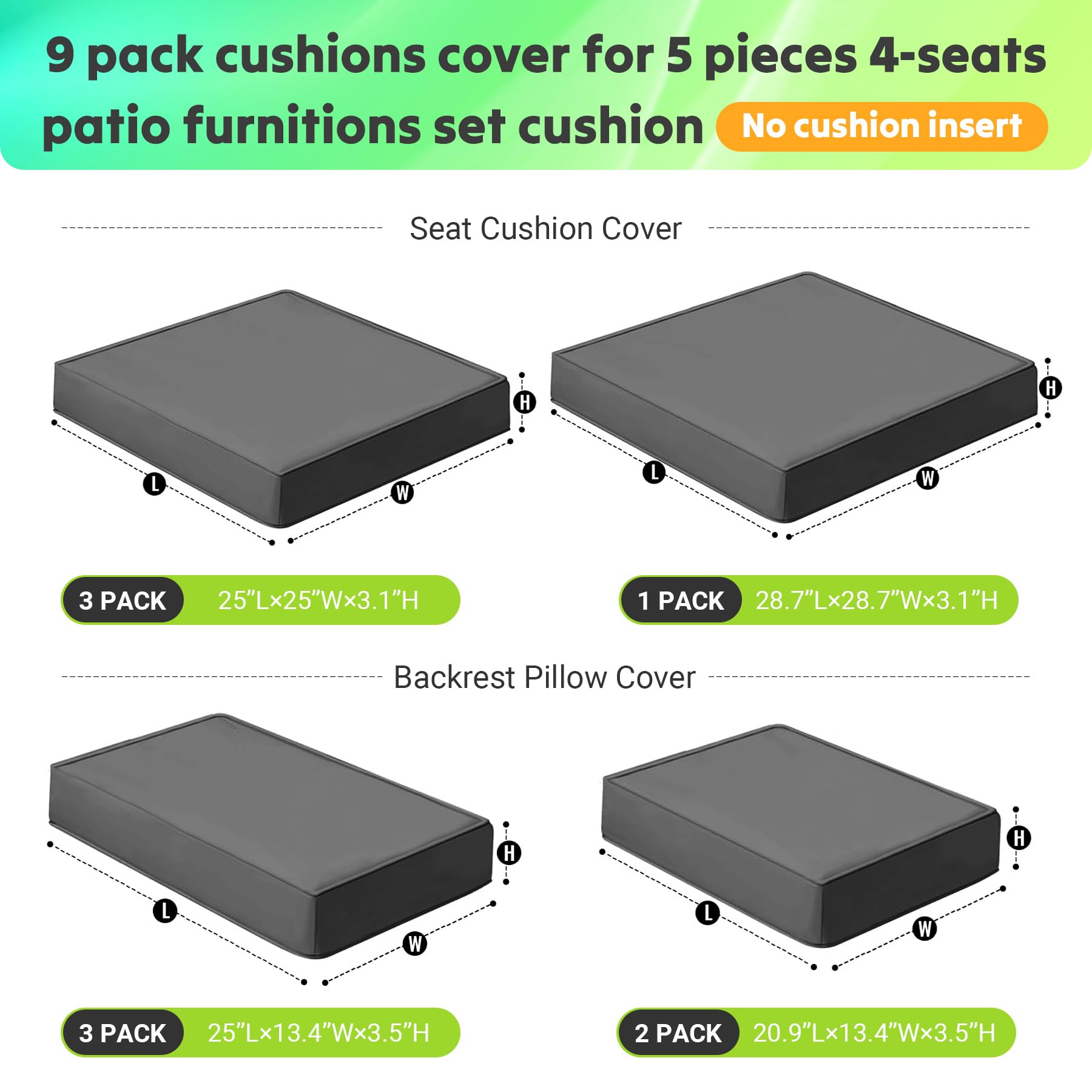 PROHIKER 9-Pack Outdoor Cushion Covers with Zipper - Replacement Covers for 5-Piece Patio Furniture Sets (Dark Gray) - Waterproof Sofa & Pillow Covers for Outdoor Conversation Sets, Deck, Porch, and Garden Furniture