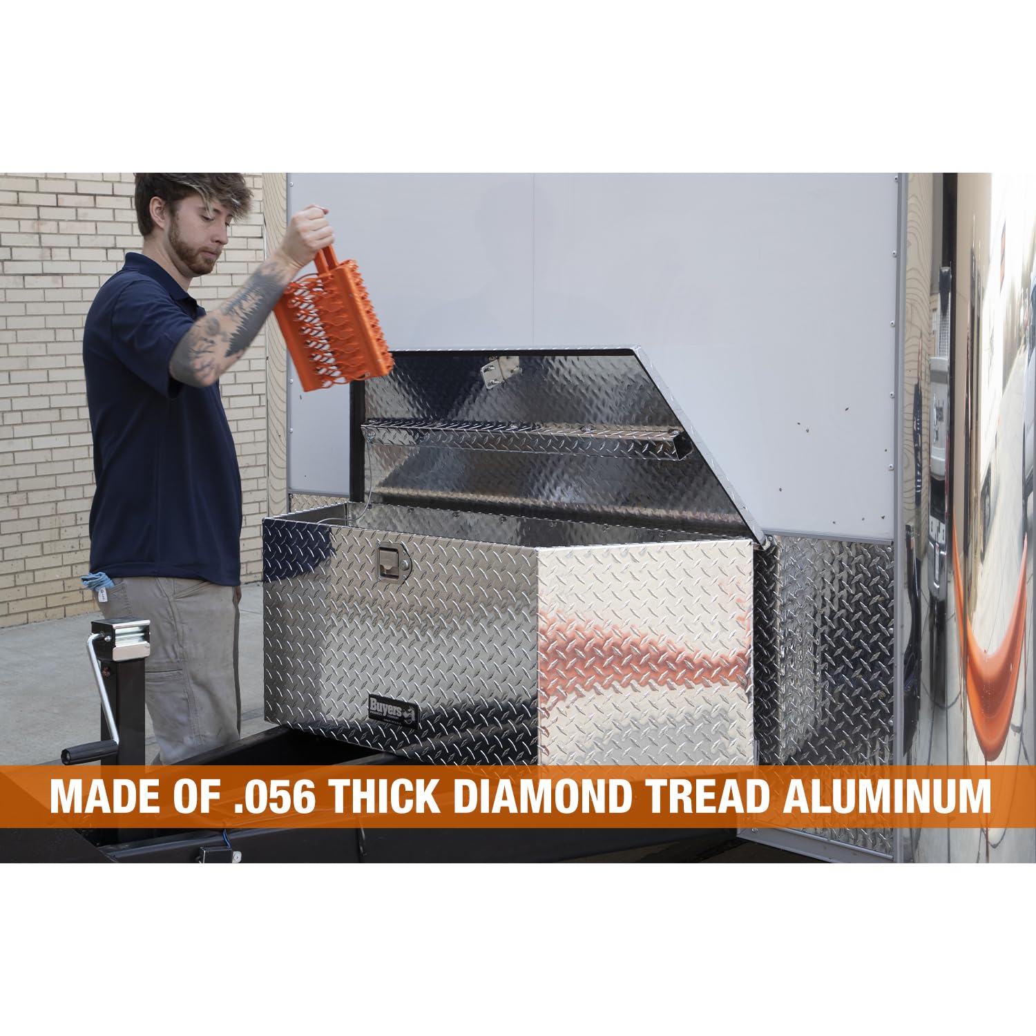 Buyers Products 1701380 Aluminum Trailer Tongue Tool Box - 14 x 14.4 x 35.2 Inch Silver Diamond Tread Storage Box | Made in USA | Durable & Weatherproof for RV, Boat & Utility Trailers