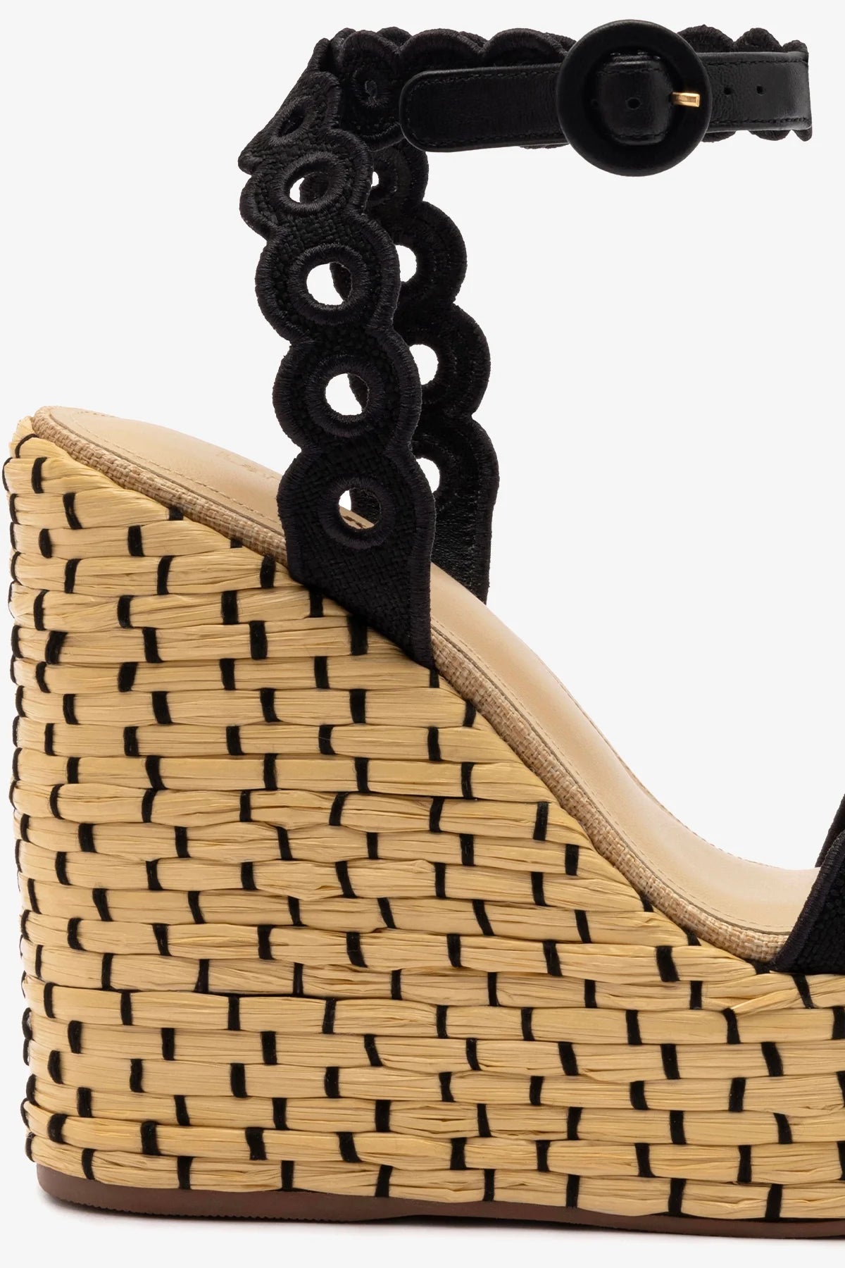 Florence Broderie Wedge Sandals in Beige & Black Raffia - Comfortable Summer Espadrilles for Beach, Vacation and Casual Outfits