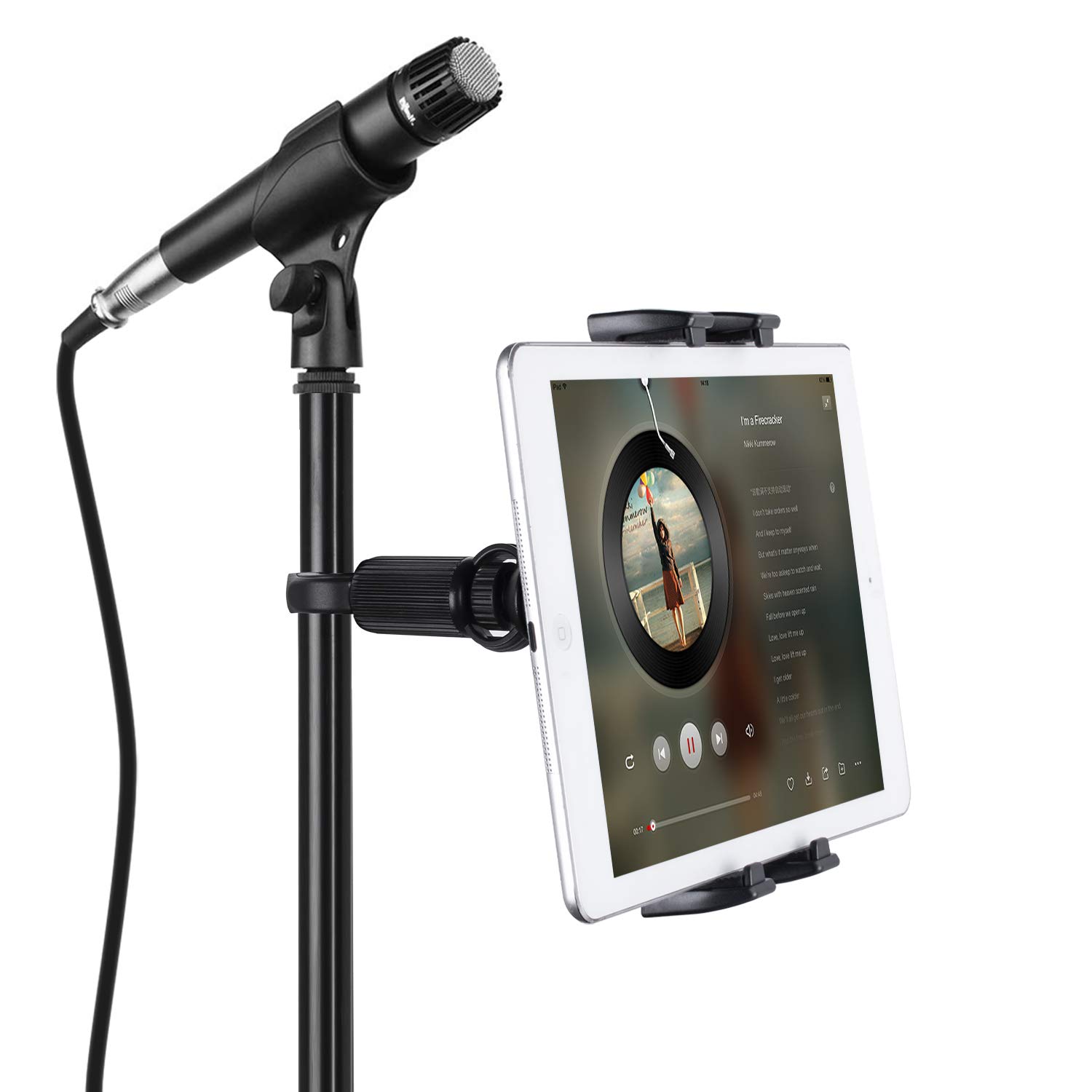JUBOR Universal Tablet Holder for Microphone Stands - Adjustable iPad & Smartphone Mount (4.7-12.9