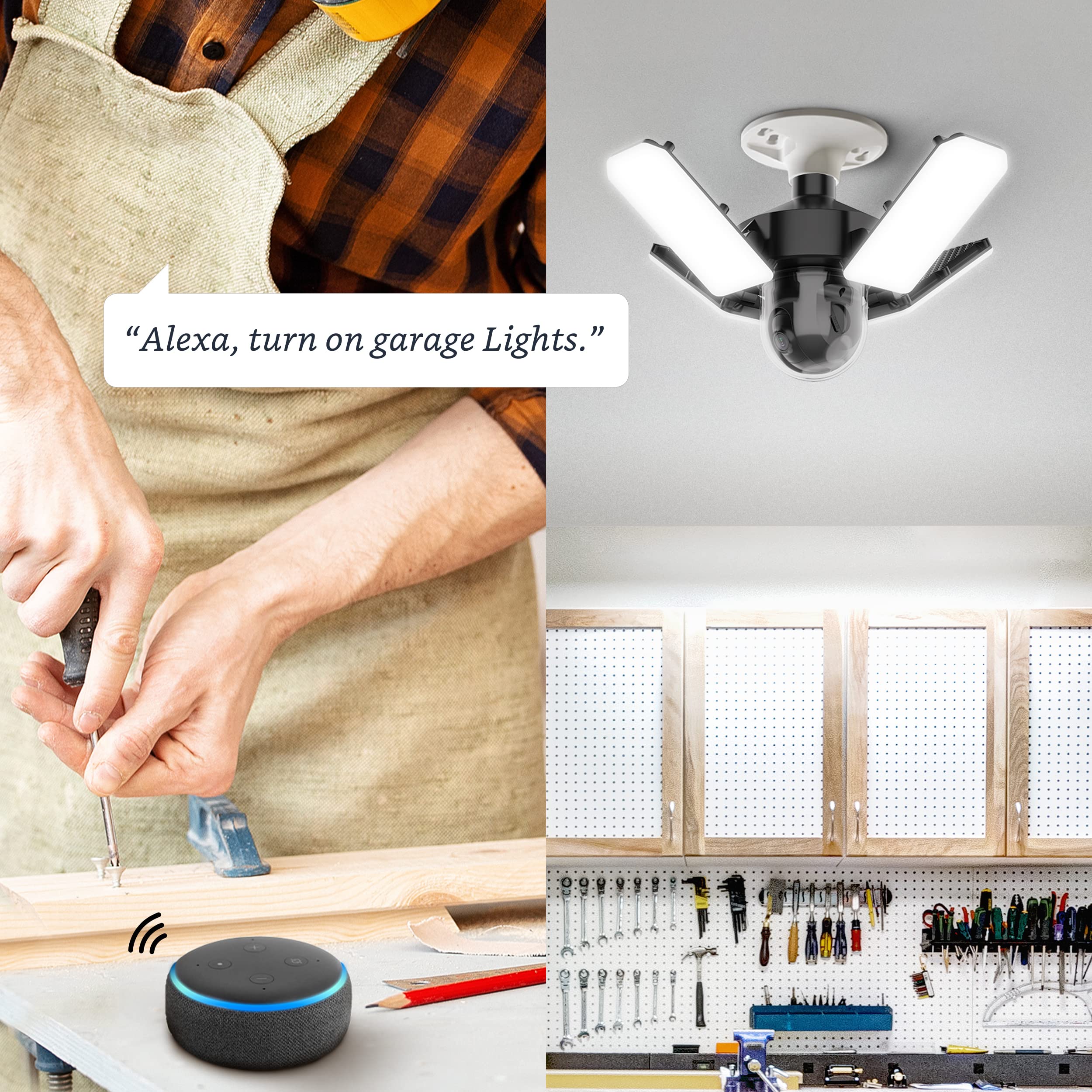 Feit Electric Smart LED Garage Ceiling Light with Built-in Security Camera - WiFi 2.4GHz, E26 Screw-in Base, Motion Sensor, Two-Way Audio & Video Alerts - 12,000 Lumens 5000K Dimmable - Ideal for Home Security, Garage Lighting & Smart Home Integration