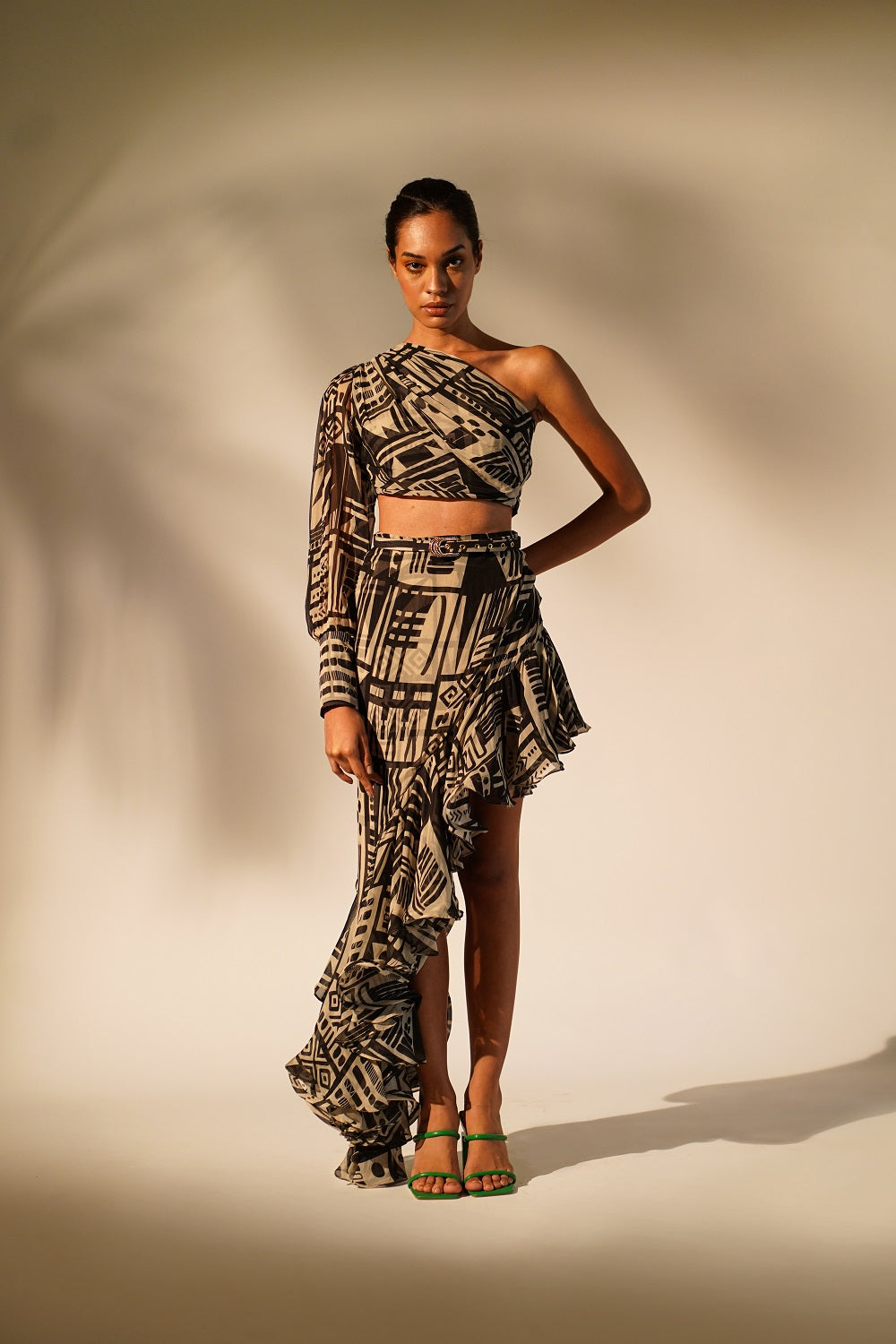 White Abstract Print One Shoulder Top for Women - Trendy Summer Beach Party & Night Out Blouse