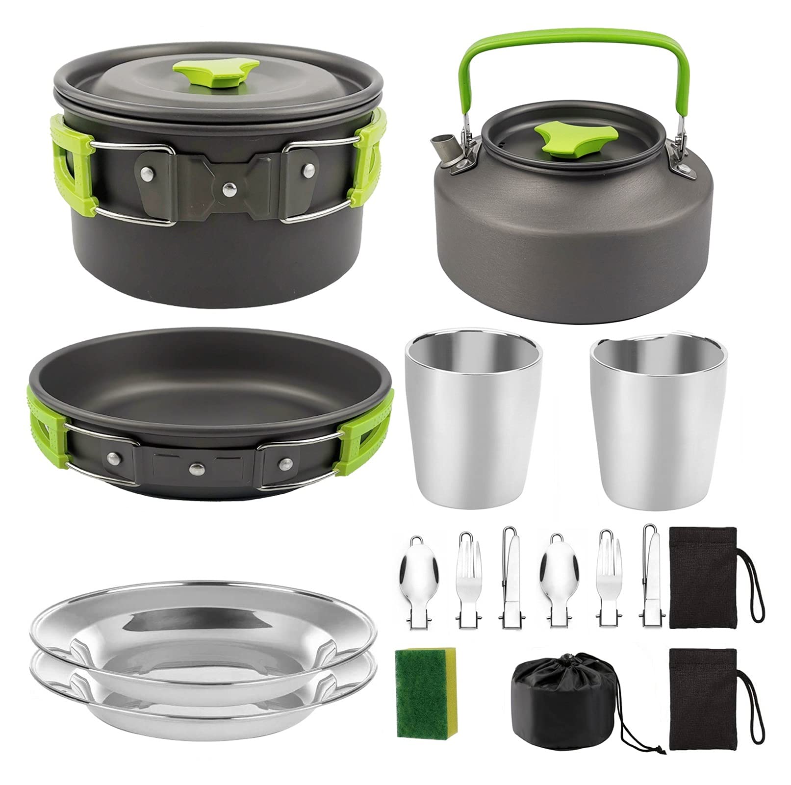 SHANG-JUN 10-Piece Camping Cookware Set - Portable Stainless Steel Teapot, Kettle, Pots & Dinner Plates for Outdoor Cooking, Picnic, Hiking & Backpacking | Lightweight & Durable Camping Gear