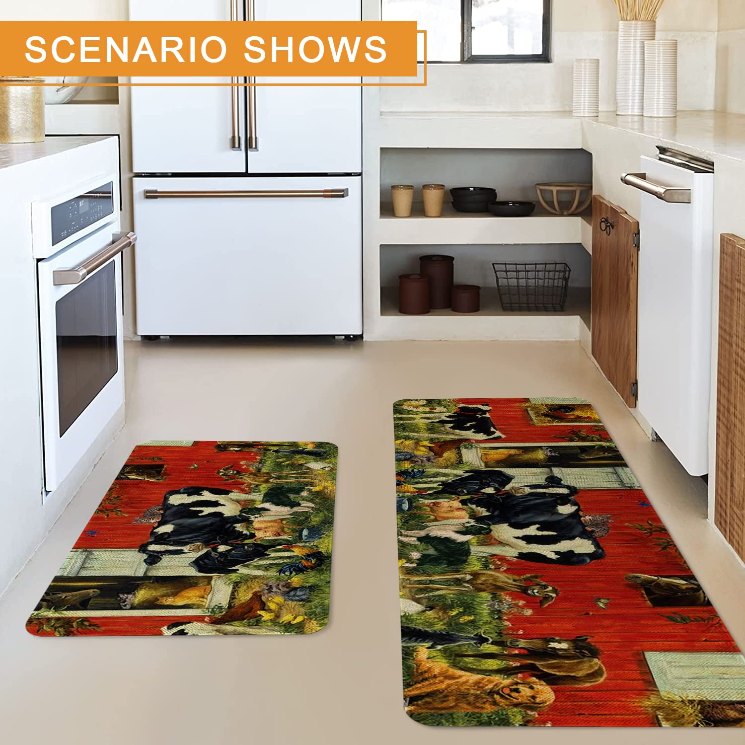 Farmhouse Kitchen Rugs Set of 2 - Non-Slip Washable Floor Mats with Farm Animal Design (17x29 & 17x47 Inch) for Home Decor, Holiday Cooking & Seasonal Kitchen Accents - Perfect for Country Style Kitchens and Cozy Farmhouse Aesthetics