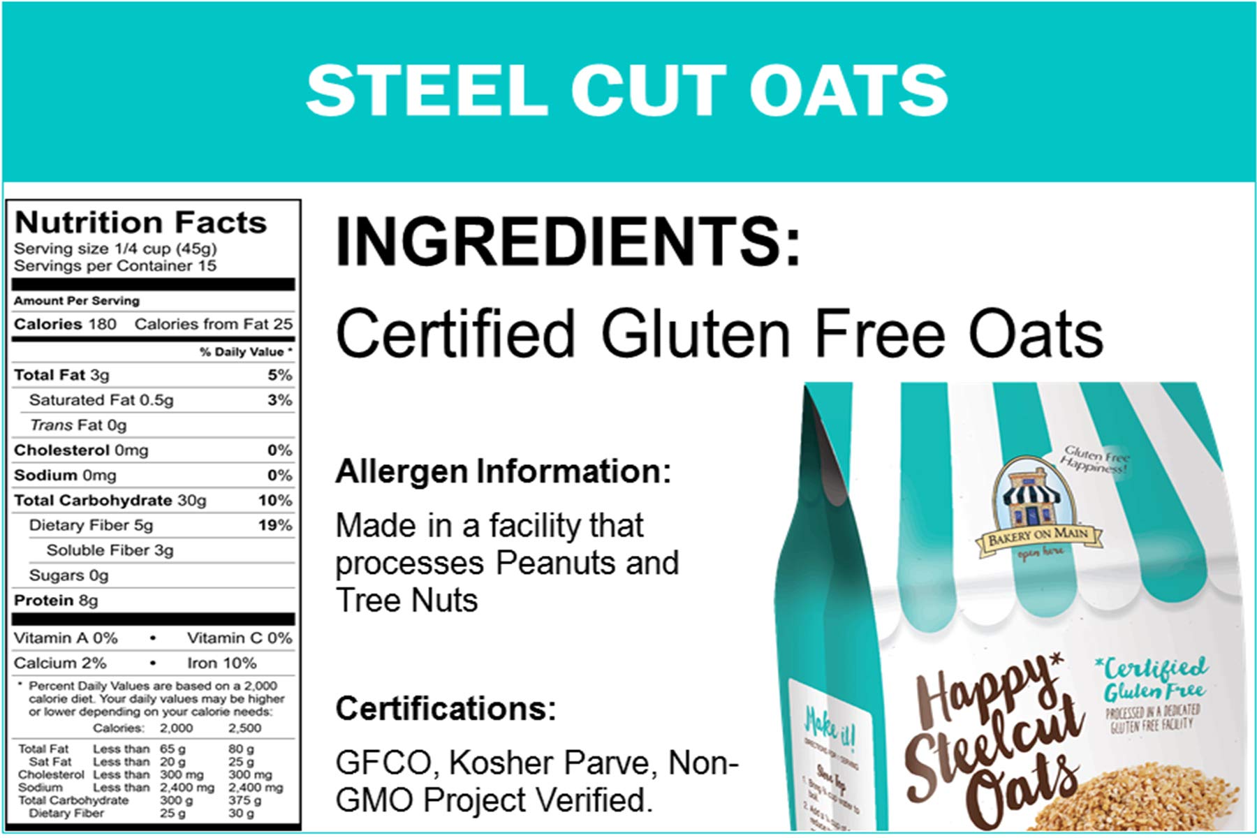 Bakery On Main Steel Cut Oats - Gluten Free, Non-GMO, Kosher, Resealable Bag, 24oz (Pack of 4) | Healthy Breakfast & Baking Ingredient for Oatmeal, Cookies & Smoothies