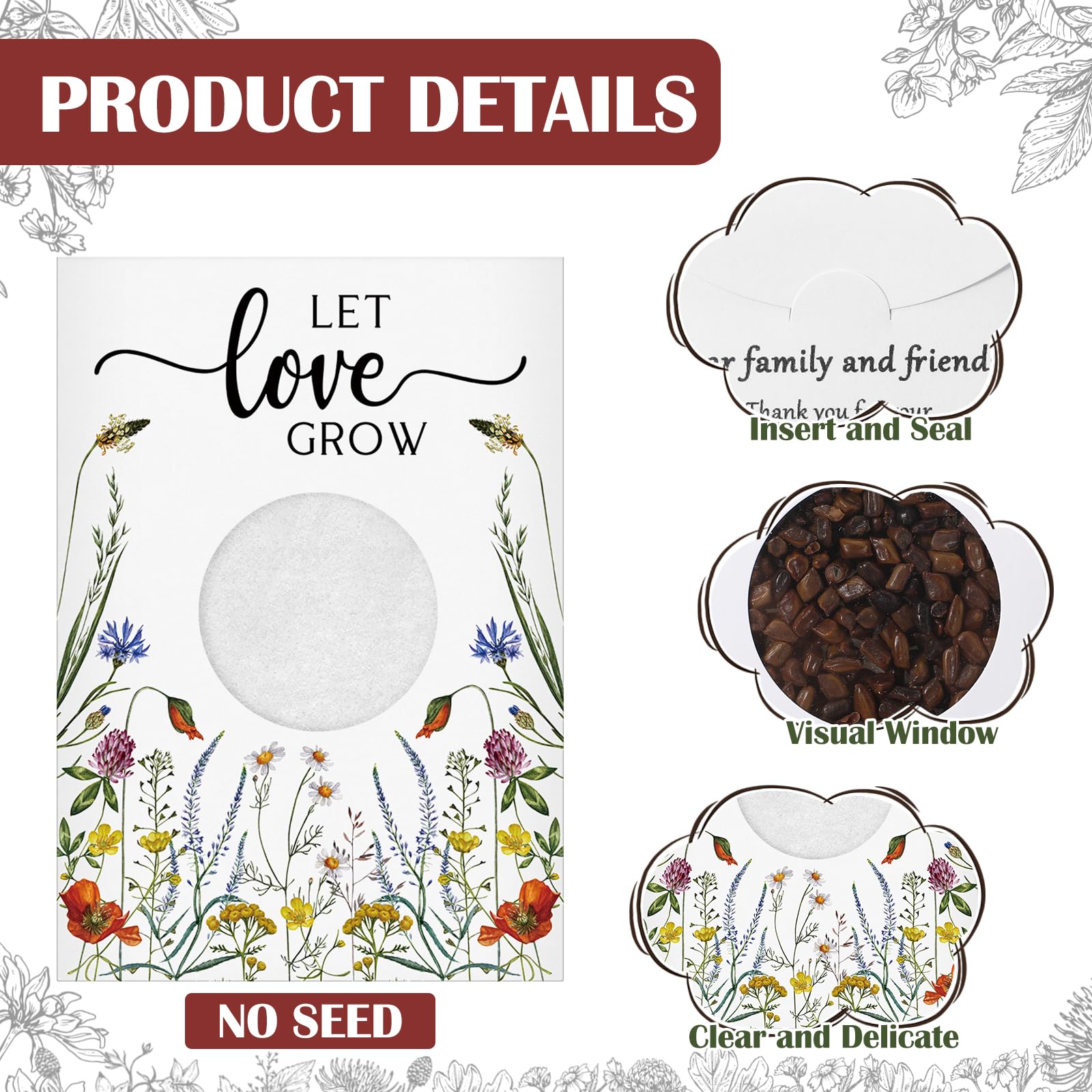 Fumete 50 Pcs Let Love Grow Wedding Favor Seed Packets - Bulk Kraft Envelopes with Resealable Window for Flower Seeds - Perfect for Wedding Party Favors, Bridal Showers & Garden Gifts