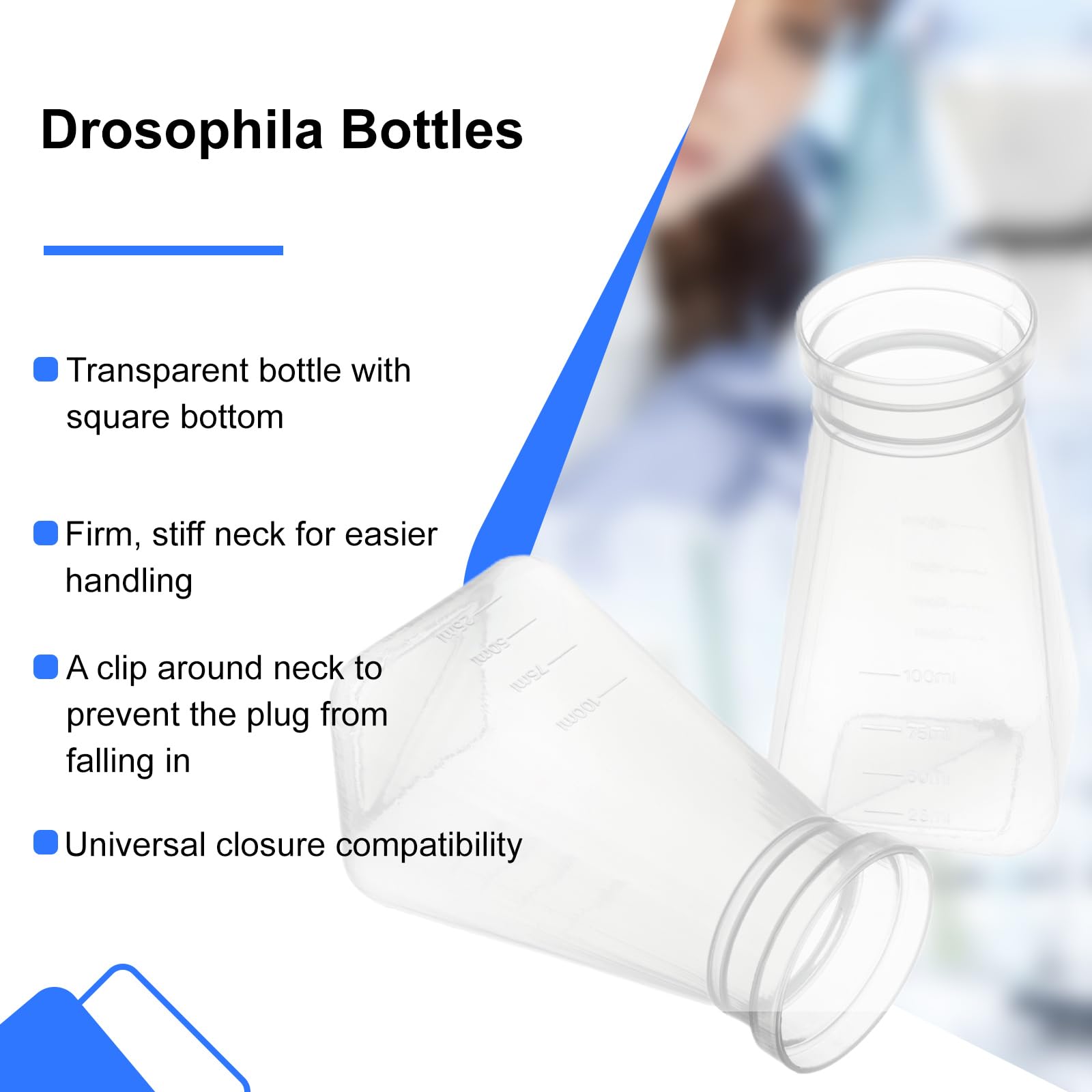 Biologix Drosophila Bottles - 200-Pack Square Bottom PE Stock Bottles with Tray Packaging for Lab Fruit Fly Culturing and Research