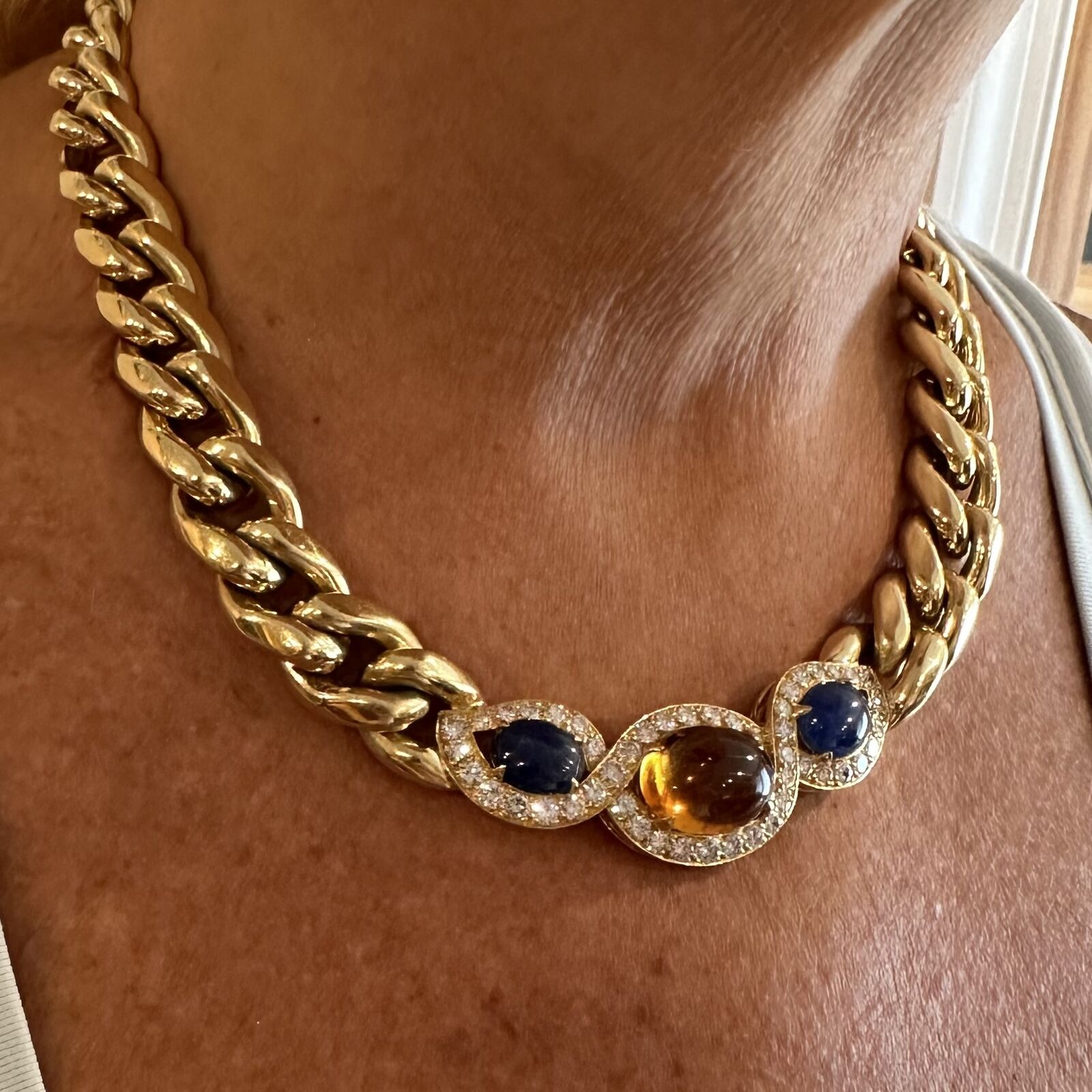 Bvlgari Bulgari 18k Yellow Gold Diamond Citrine Sapphire Link Necklace - Luxury Italian Jewelry for Women, Perfect for Weddings, Parties & Special Occasions