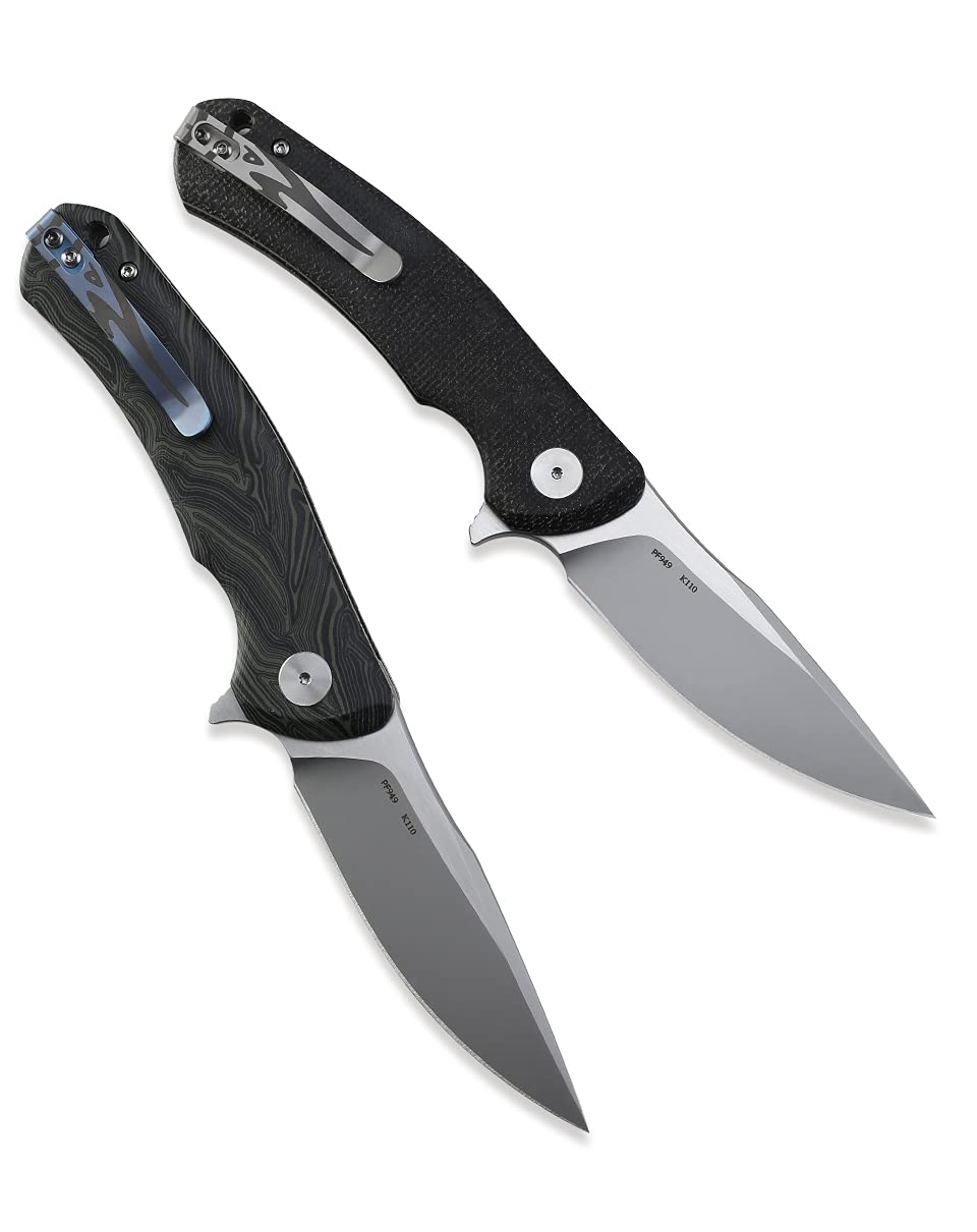Petrified Fish K110 Steel 949 Folding Knife - Carbon Fiber G10 Handle, Ceramic Ball Bearings - EDC Pocket Knife for Camping, Hunting, Survival & Outdoor Activities (Black)