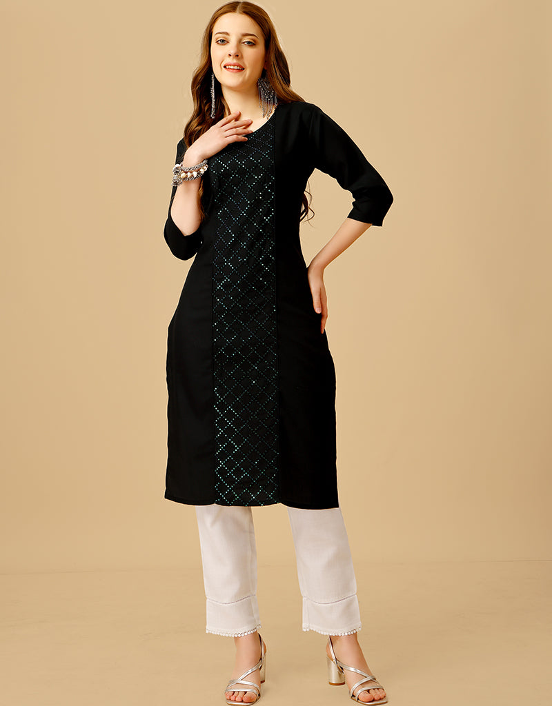 Black Cotton Magic Slub Straight Leg Pants for Women - Comfortable Casual Trousers for Everyday Wear, Office & Outings