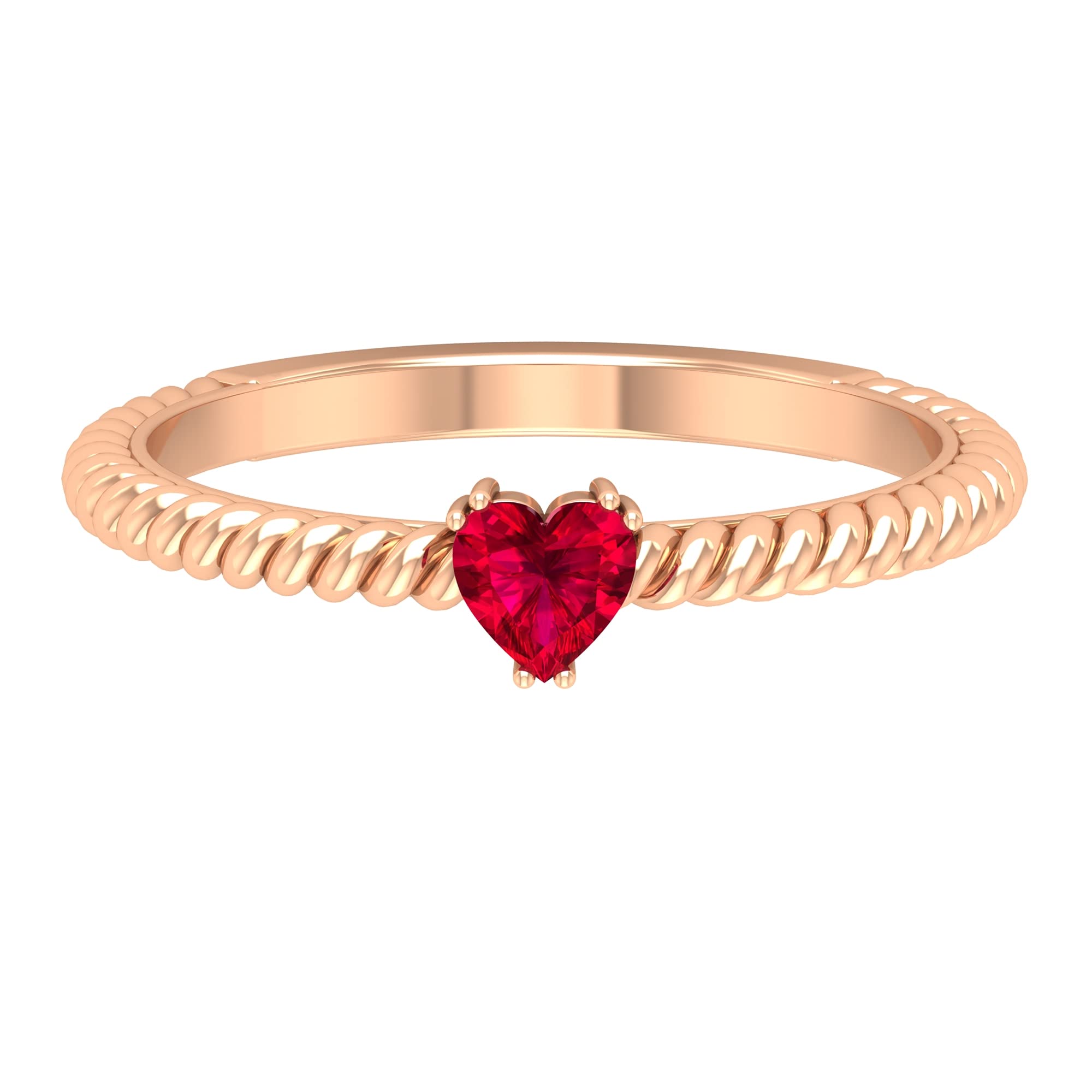 14K Solid Gold Heart Shaped Ruby Solitaire Ring - July Birthstone, Elegant Twisted Rope Design for Engagement, Anniversary & Valentine's Day Gifts