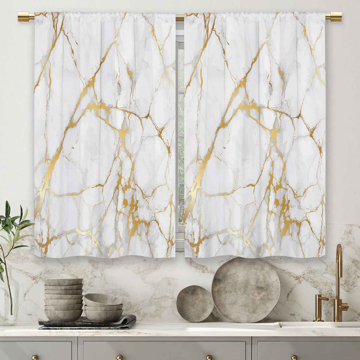 Luxury Gold Marble Kitchen Curtains - Modern Abstract Golden Short Cafe Window Drapes with White Texture & Rod Pocket - Bathroom Tier Curtains Set of 2 Panels (27.5x39 Inch) - Perfect for Kitchen, Cafe, Bathroom & Living Room Decor