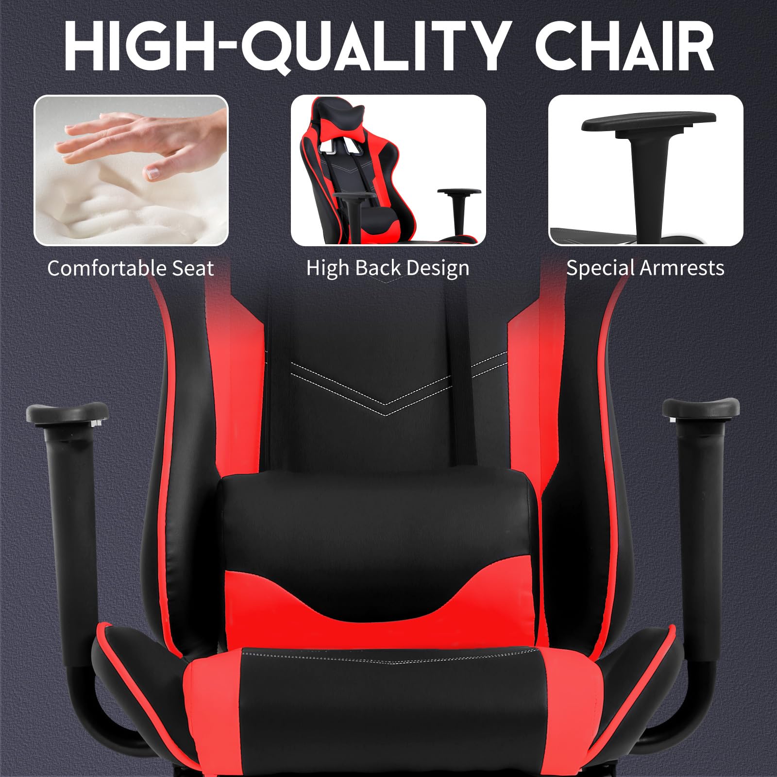 BLKMTY Ergonomic Massage Gaming Chair - High Back PU Leather Office Chair with Footrest, Lumbar Support & Headrest - Reclining Racing Computer Chair for Gamers & Professionals - Perfect for Home Office, Gaming Setup & Workstation - Red