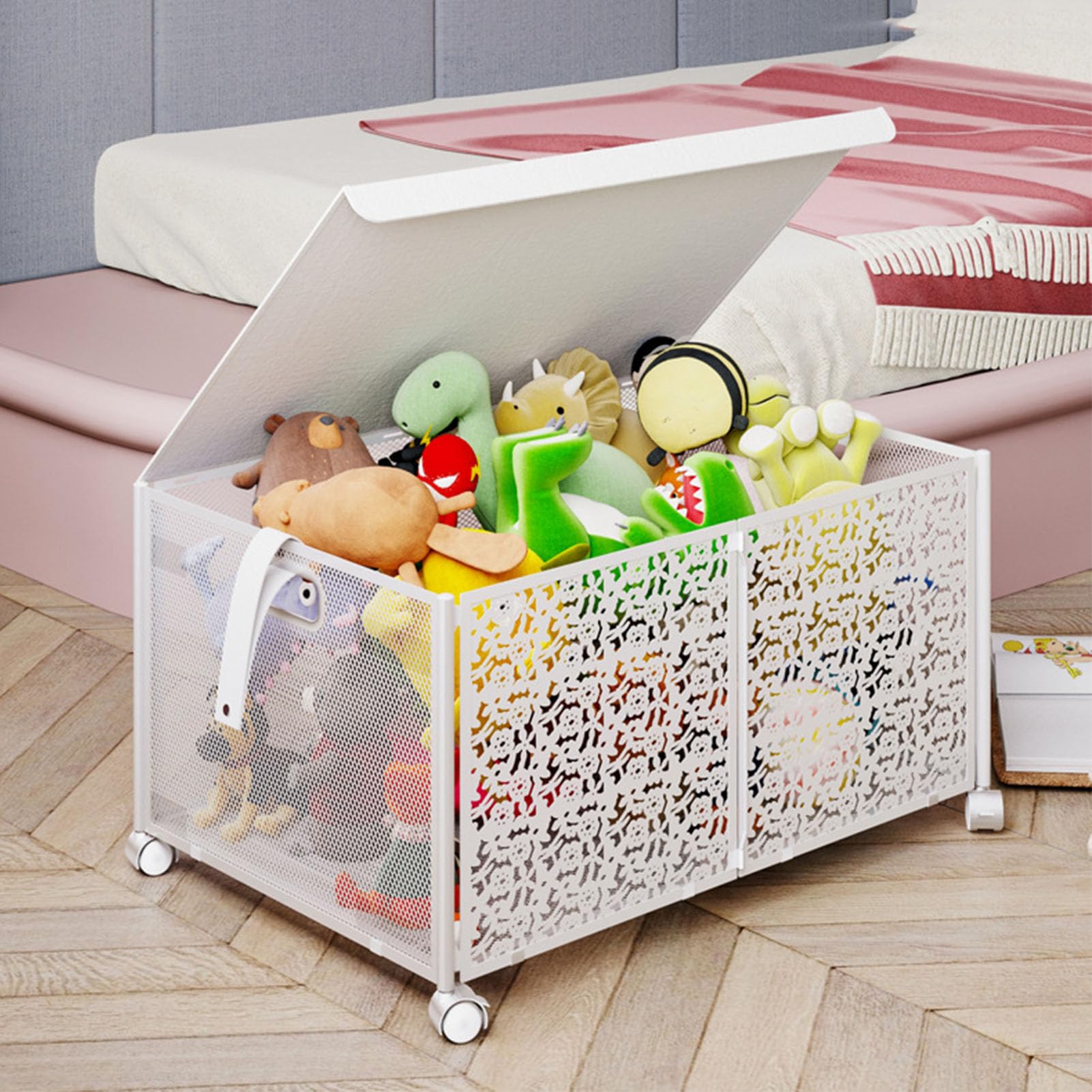 Foldable Toy Storage Box 70L Large Capacity - Dustproof Portable Metal Toy Organizer for Kids Playroom, Nursery, Living Room & Bedroom - Ideal for Organizing Toys, Books & Clothes (White)