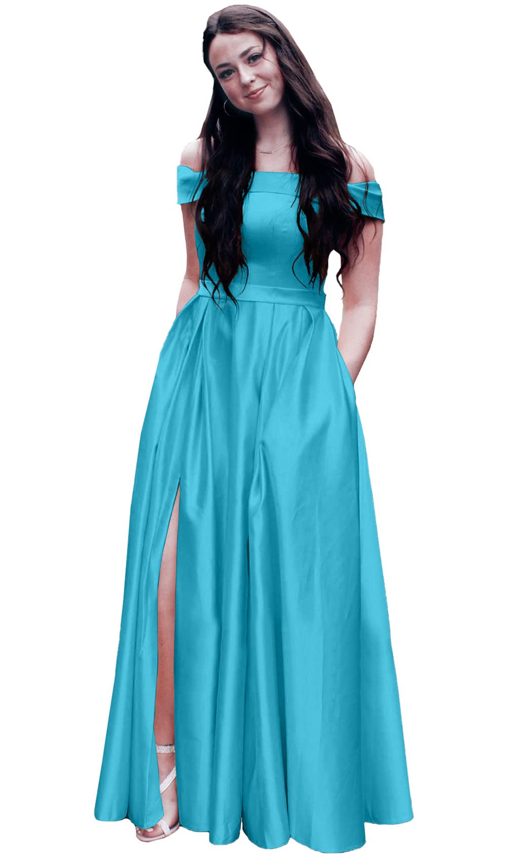 ANGELWARDROBE Women's Off Shoulder Prom Dress Long Satin Formal Evening Gown A-Line Party Dress with Slit Pockets - Perfect for Homecoming, Wedding Guest & Black Tie Events