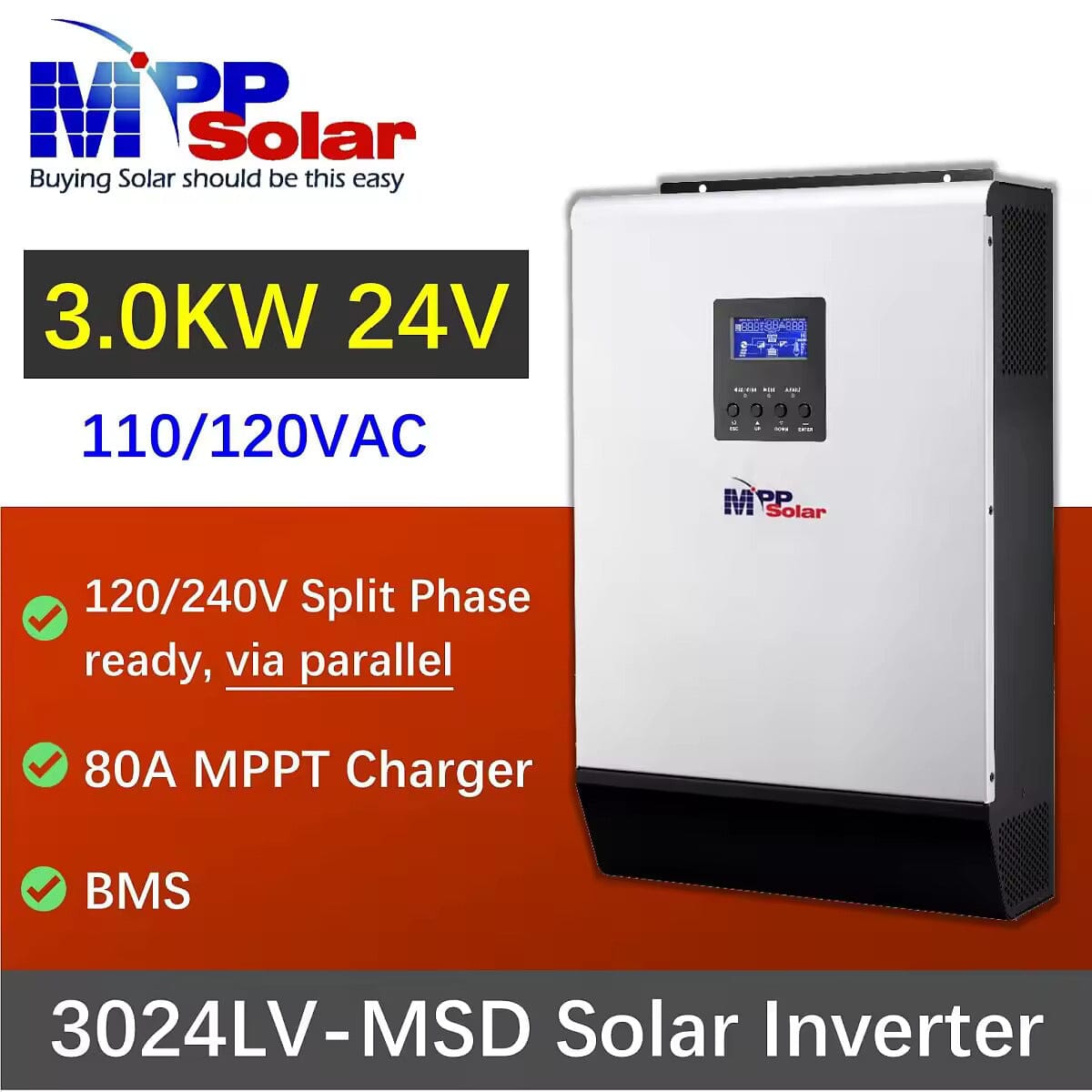 MPP Solar 3000W Pure Sine Wave Power Inverter 24V DC to 110V AC for Home Solar System, RV, Off-Grid & Emergency Backup Power