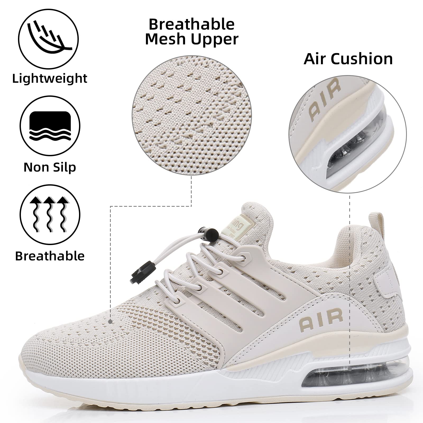 BOGOVER Women's Lightweight Air Running Shoes - Breathable Gym Jogging Tennis Sneakers with Air Cushion, No-Tie Lace Design (Khaki, Size 5) | Perfect for Workouts, Running, Walking & Casual Wear
