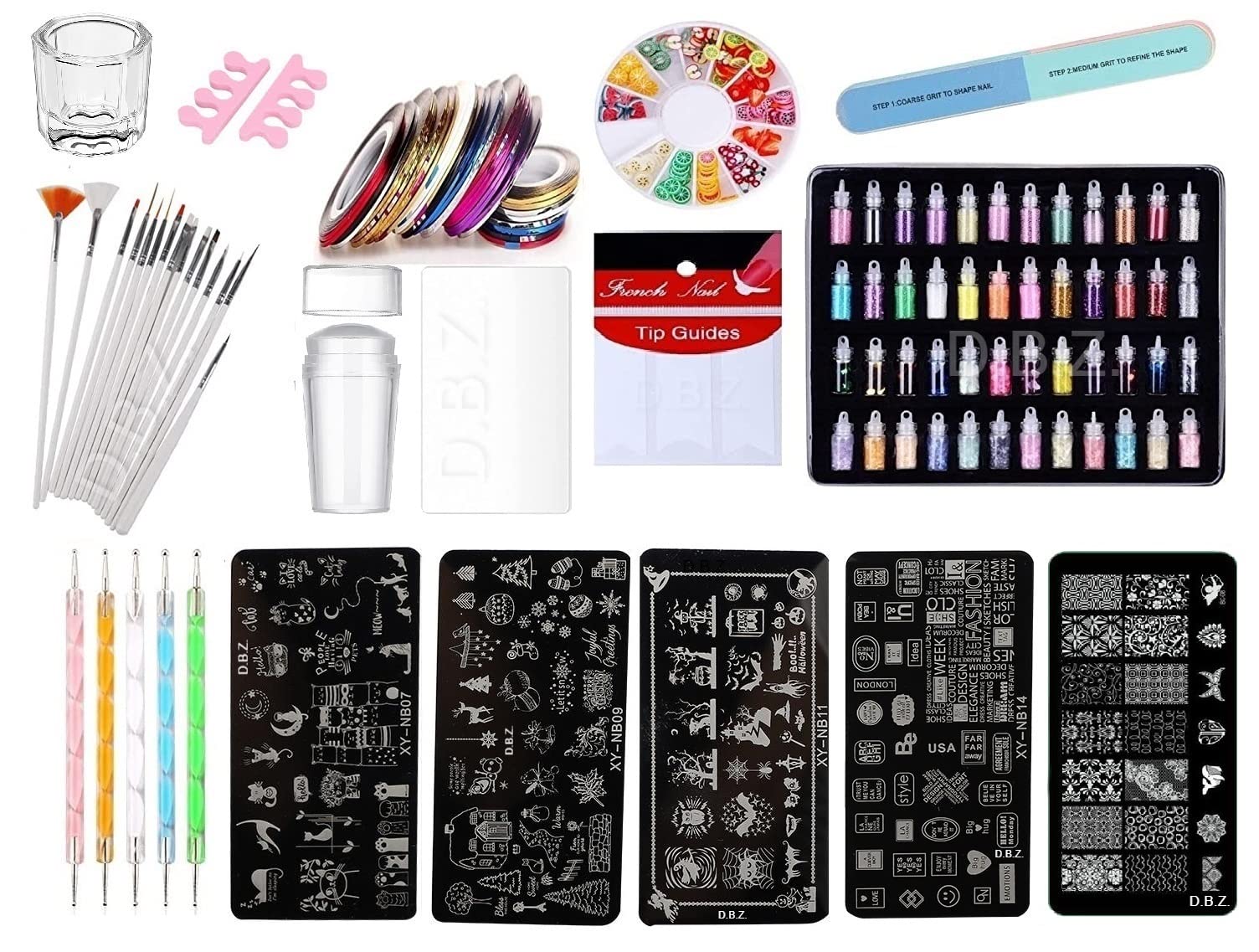 D.B.Z.® Professional Nail Art Stamping Kit - 48 Pcs Nail Art Glitter Set with 15 Nail Brushes, Manicure Tools for DIY Nail Design - Perfect Gift for Women & Girls | Home Salon, Party, Spa Day