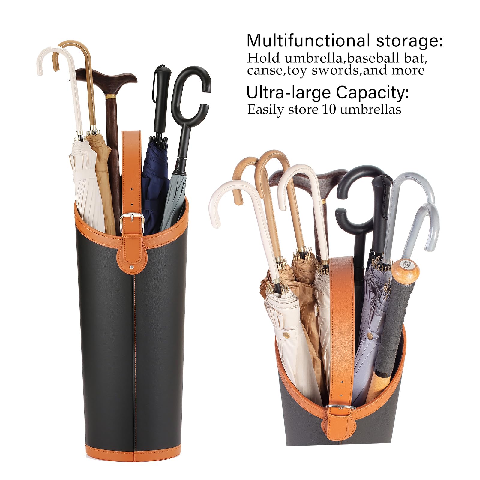 Stylish Faux Leather Large Umbrella Holder for Entryway - Modern Black Indoor Umbrella Rack Stand - Perfect for Home, Office & Mudroom Organization