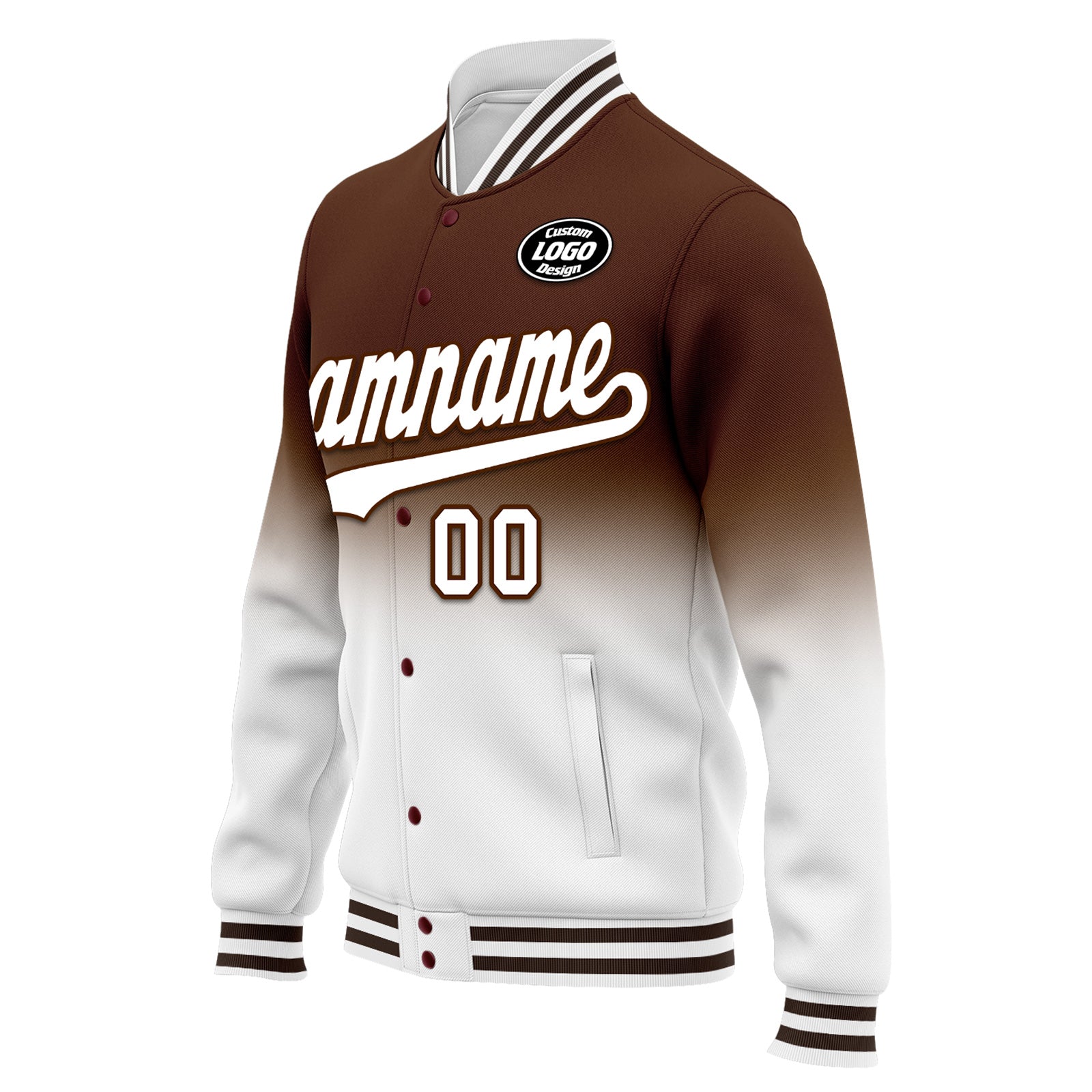 Custom Brown & White Fade Personalized Varsity Bomber Jacket - Snap Closure Letterman Jacket FZ005 D020229 - Perfect for School Events, Sports Games & Streetwear Fashion