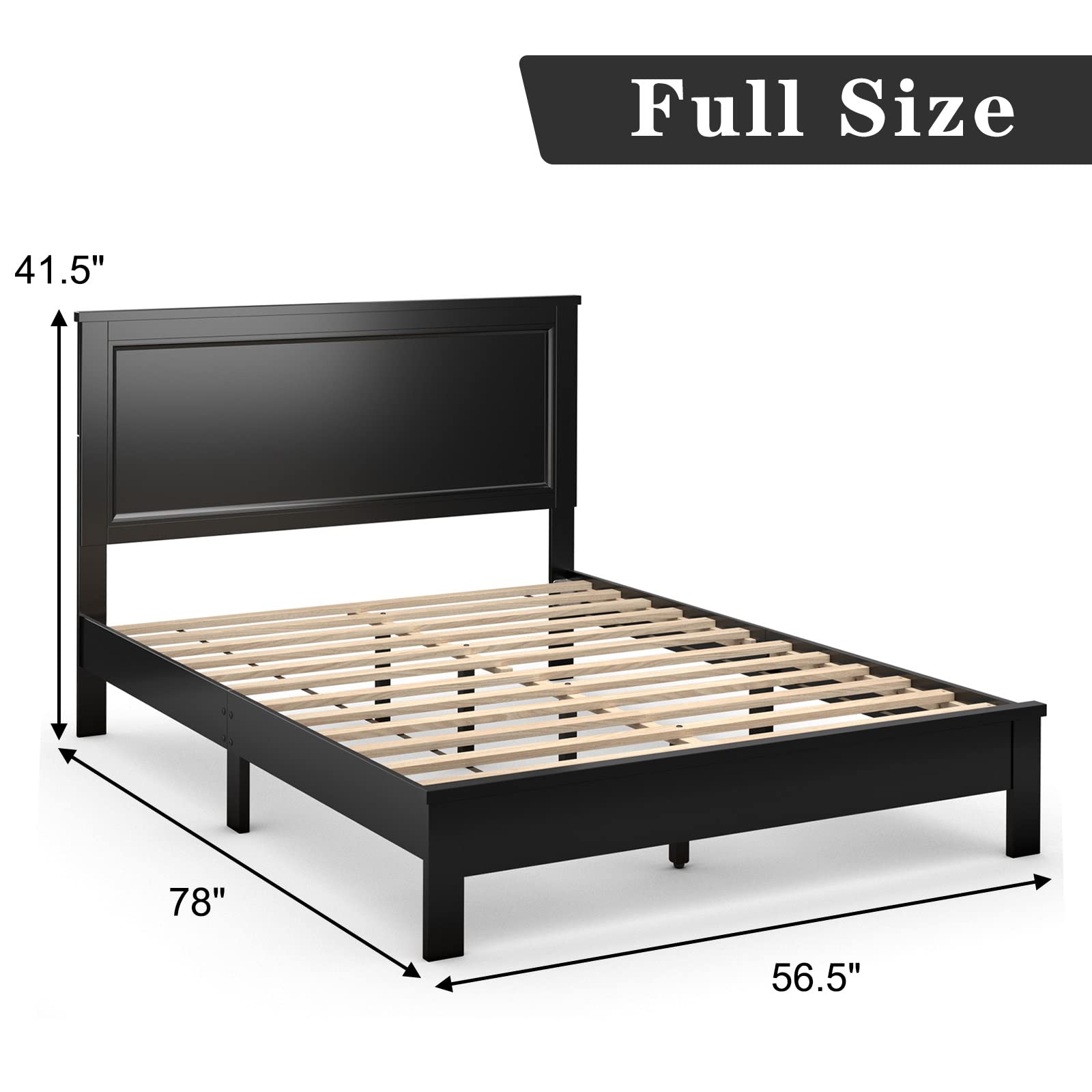 KOMFOTT Full Size Wood Platform Bed Frame with Headboard - Solid Wood Mid Century Modern Bed Frame with Slat Support & Under Bed Storage - No Box Spring Needed - Black - Perfect for Bedroom, Guest Room & Small Space Living