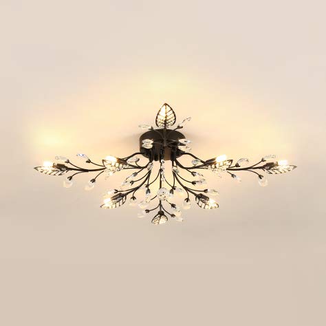 Black Contemporary Leaf Semi Flush Mount Ceiling Light with Clear Crystal Accents - 8-Light Modern Metal Fixture for Dining Room, Bedroom or Living Room Lighting