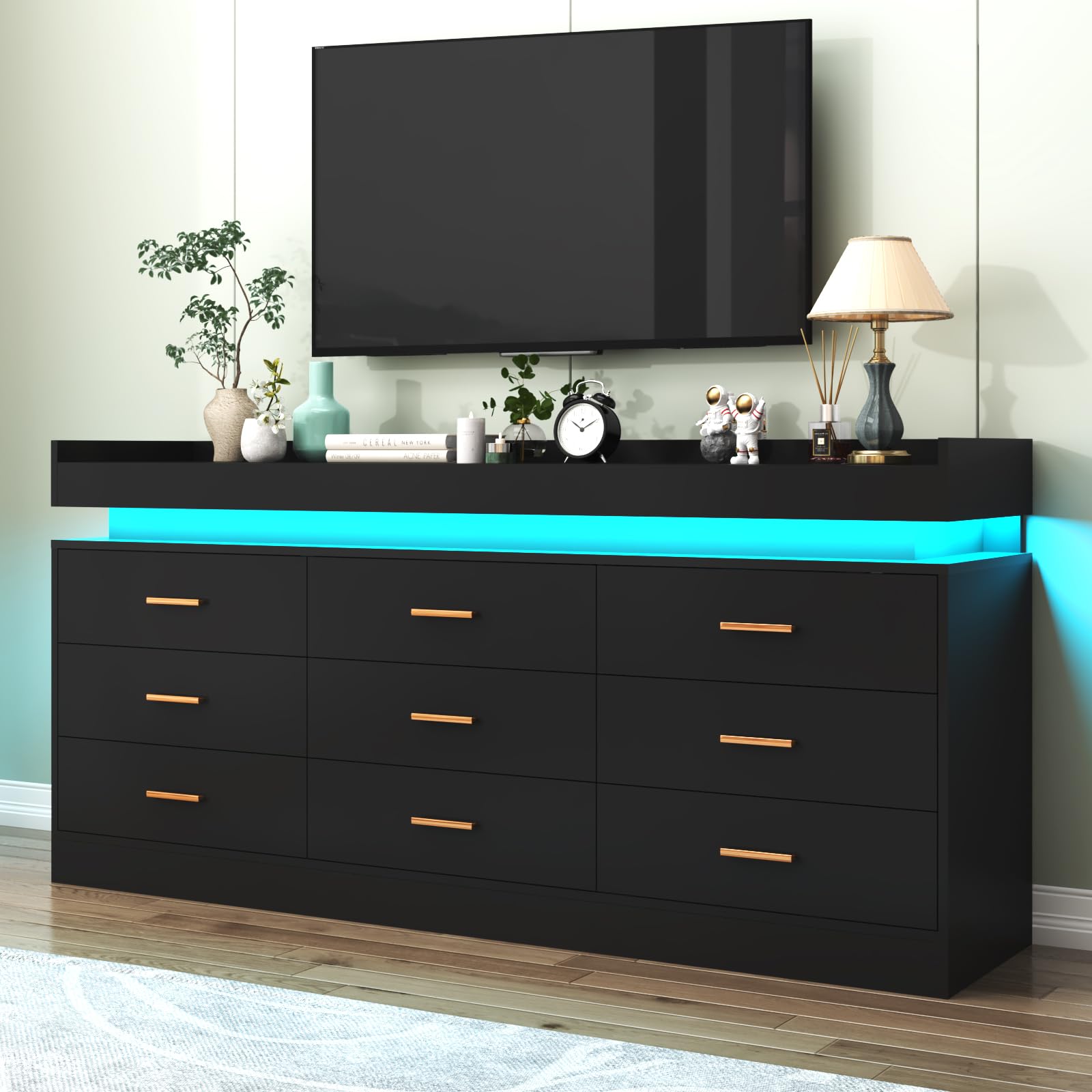 9-Drawer LED Dresser with USB Charging Station - Modern Black Chest of Drawers for Bedroom, Closet & Entryway - Spacious Storage Cabinet with Wide Drawers for Clothes, Accessories & Home Organization - Perfect for Small Spaces, Apartments & Dorm Rooms