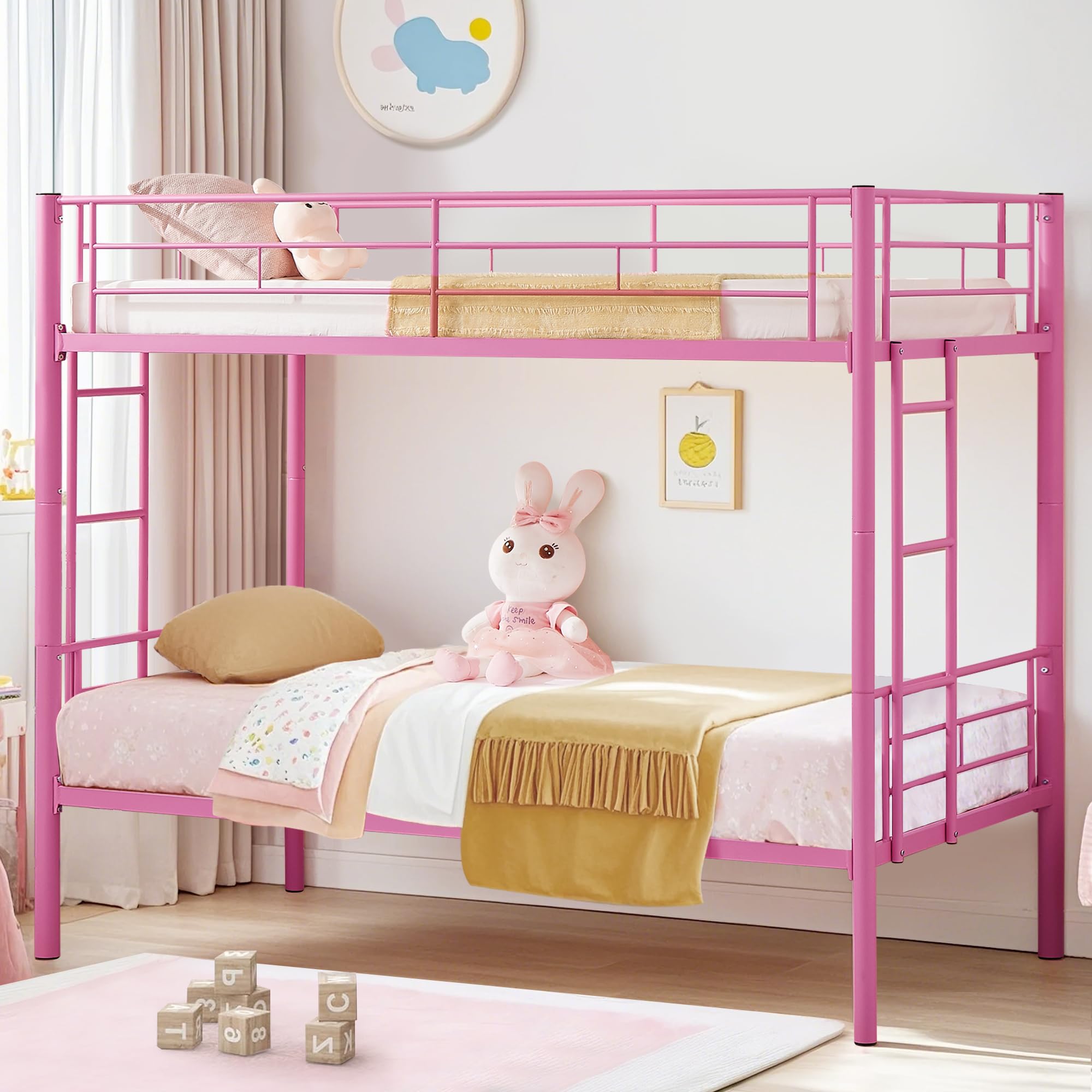 VECELO Twin Over Twin Metal Bunk Bed with Built-in Ladder & Safety Guardrail - Heavy Duty Space Saving Bunk Bed for Kids, Teens & Adults - No Box Spring Needed - Pink - Perfect for Small Bedrooms, Dorms & Guest Rooms