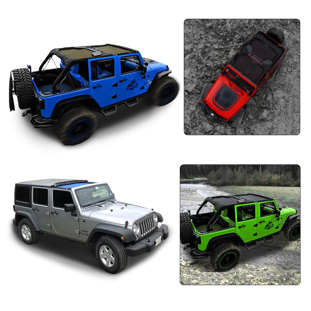 Shadeidea JK Sun Shade Top for Jeep Wrangler JKU (2007-2018) - Soft Mesh Roof Cover with UV Protection & Wind Noise Reduction - 4-Door 2-Piece Set in Tank Green - 10 Year Warranty - Perfect for Off-Roading, Beach Trips & Summer Adventures