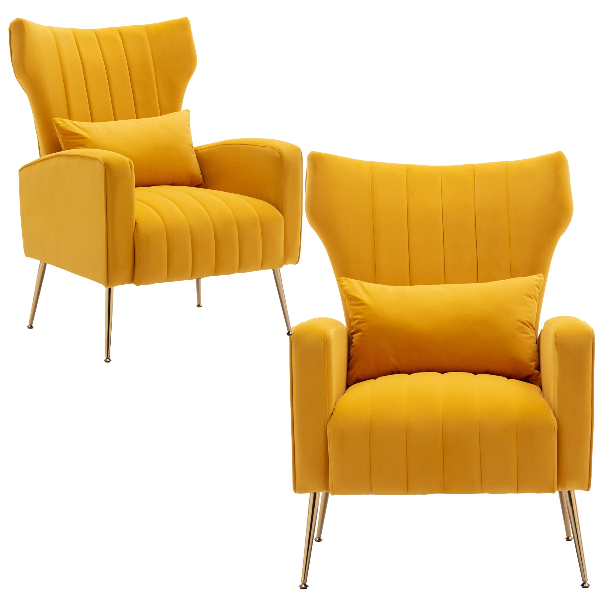DM-Furniture Velvet Accent Chairs Set of 2 - Modern Living Room Lounge Chairs with Golden Legs, Wingback Single Sofa for Bedroom & Living Room - Soft Yellow Velvet Upholstery - Perfect for Home Decor, Reading Nook & Cozy Sitting Area
