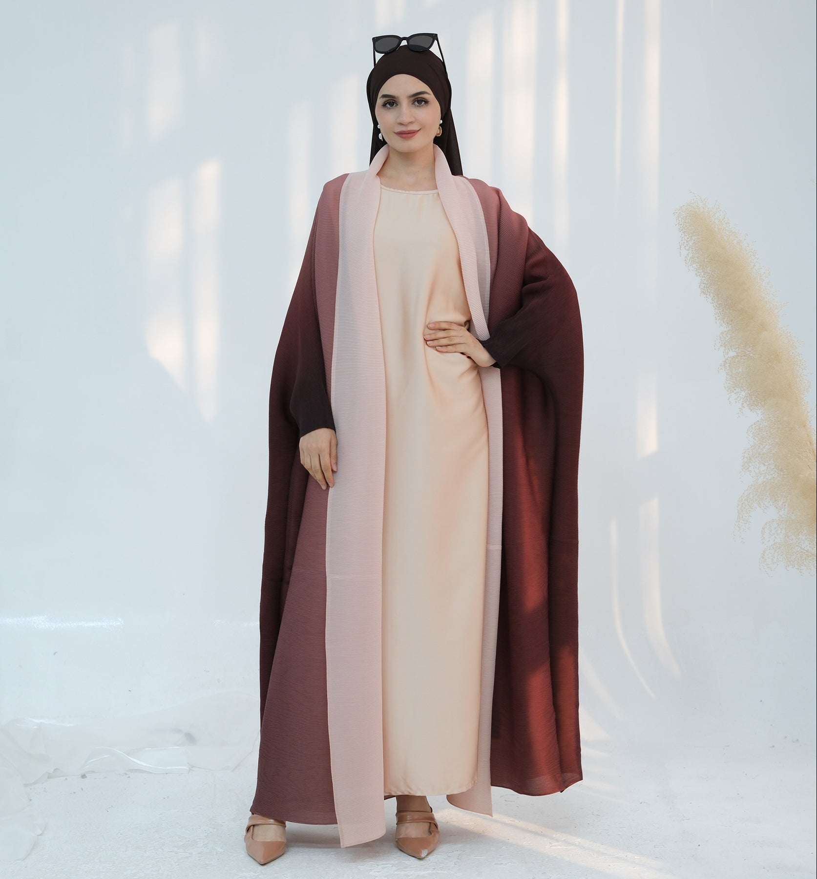 Elegant Kenyat Pleated Ombre Kimono Open Abaya in Brick Color - Perfect for Modest Fashion, Prayer Dresses, and Special Occasions