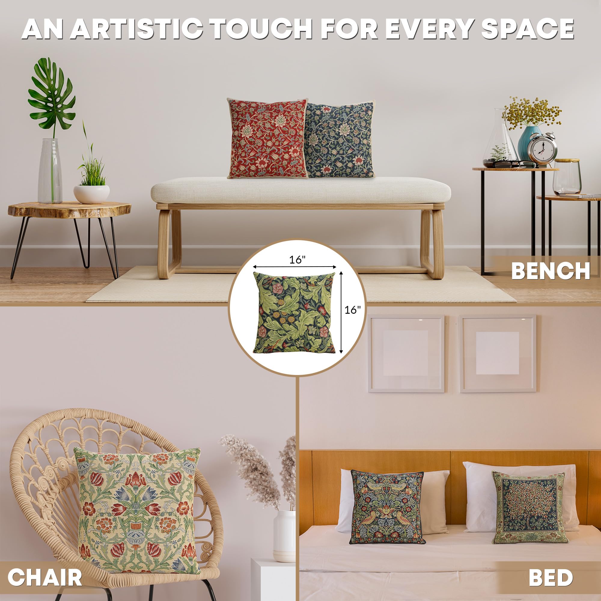 16x16 Inch Green Leicester Boho Throw Pillow Covers - Jacquard Woven Cotton Decorative Couch Cushion Cases for Living Room, Sofa & Bed - European Tapestry Style Home Decor (Set of 2) - Perfect for Cozy Home Styling and Boho Chic Interior Design