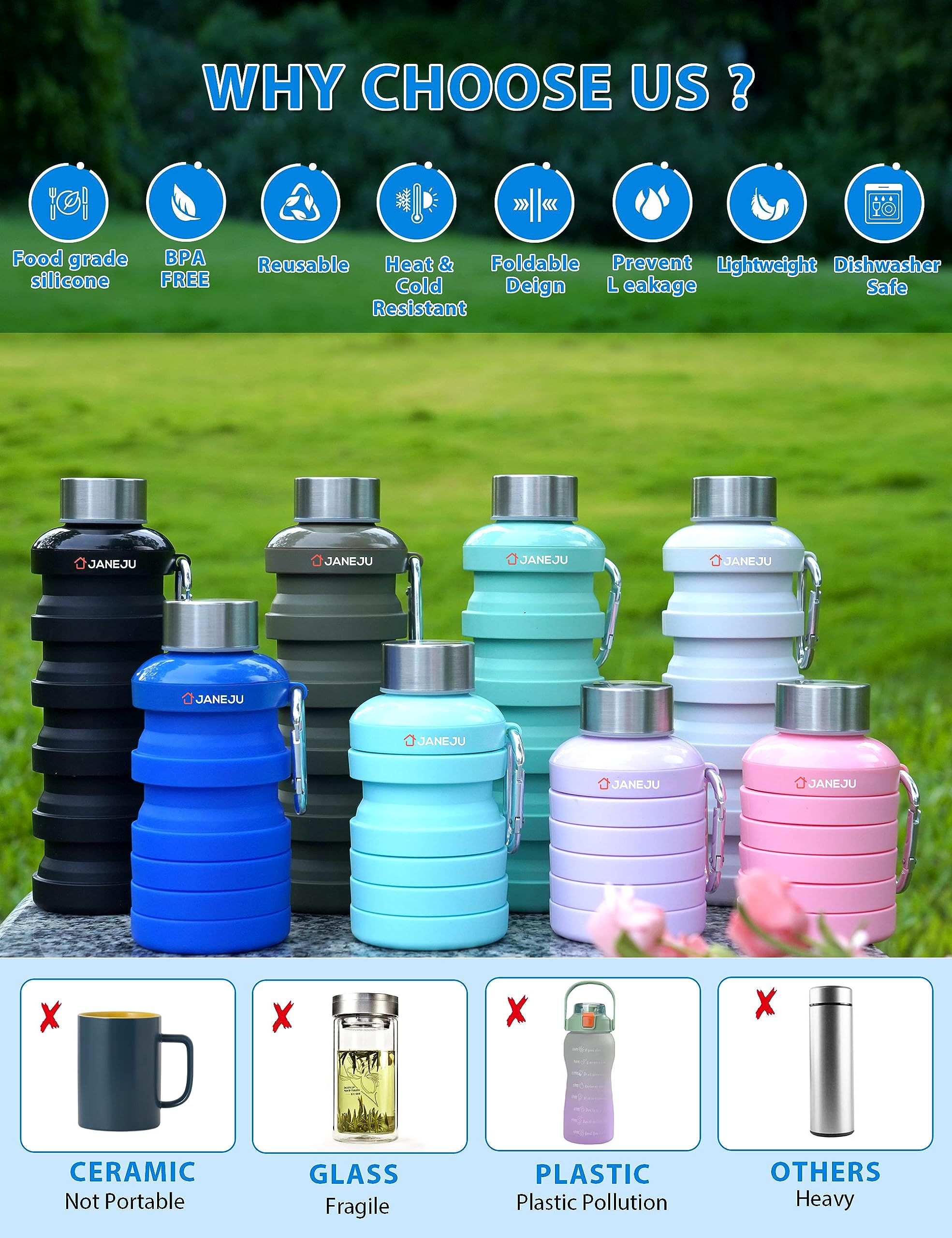 JaneJu 17oz Collapsible Water Bottle - BPA Free, Leakproof & Portable for Hiking, Gym & Travel (Army Green)