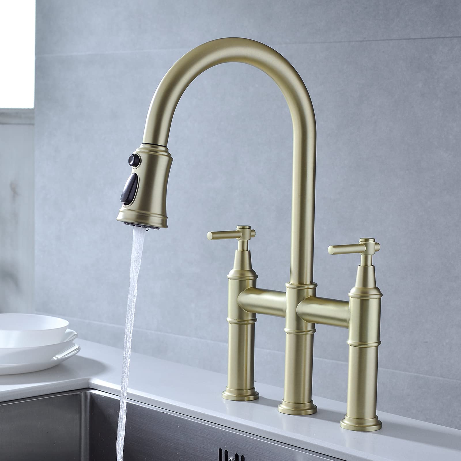 2-Handle High Arch Commercial Kitchen Faucet with Pull Down Sprayer - Solid Brass Gold Finish - 360° Swivel Sprayer for Easy Cleaning - Perfect for Restaurants & Home Kitchens