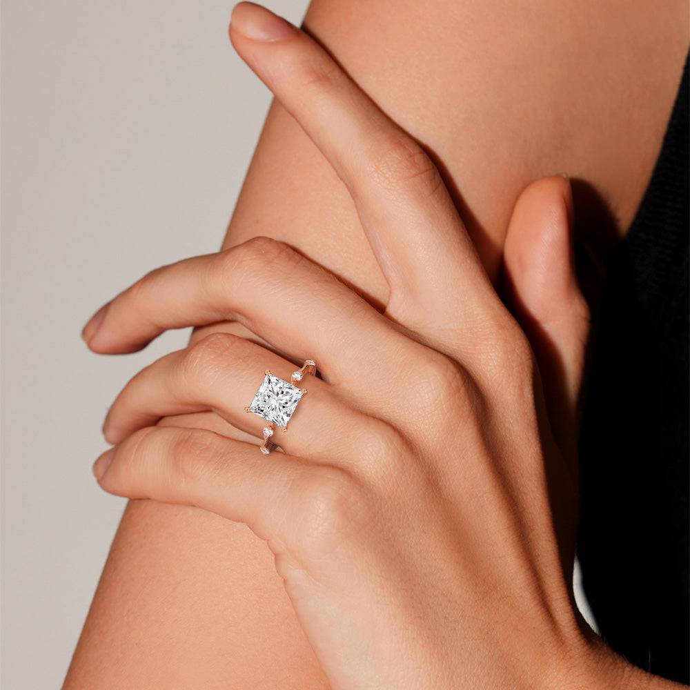 Princess Cut Moissanite Engagement Ring with Diamond Accent Band & Hidden Halo - Perfect for Proposals, Weddings & Anniversary Gifts