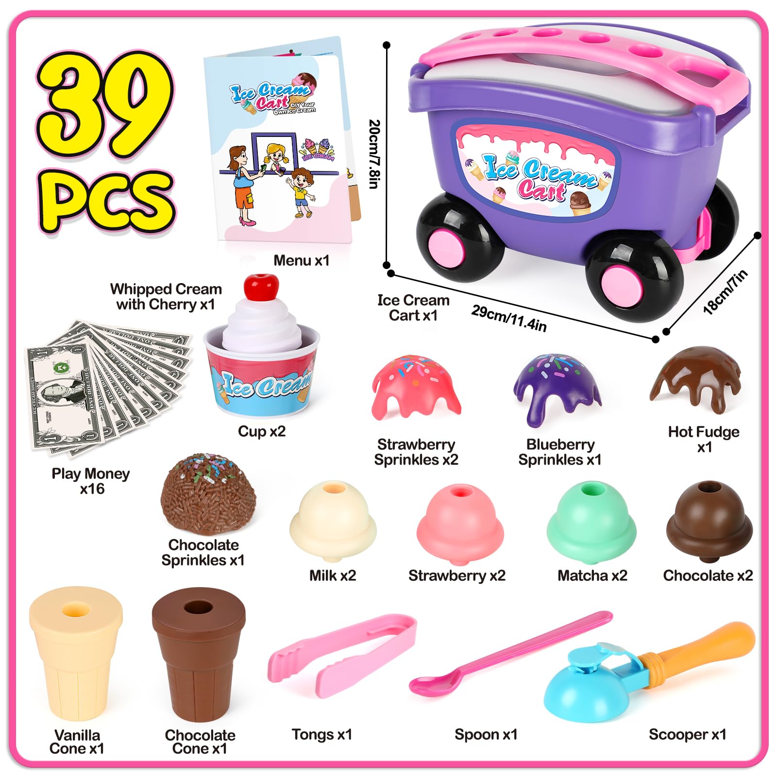 Torlam Kids Pretend Play Ice Cream Cart Toy Set - Interactive Ice Cream Shop Counter with Scoop & Cone Maker - Educational Grocery Store Playset for Toddlers Ages 3-6 (Boys & Girls) - Perfect for Birthday Gifts, Role Play & Early Learning Activities