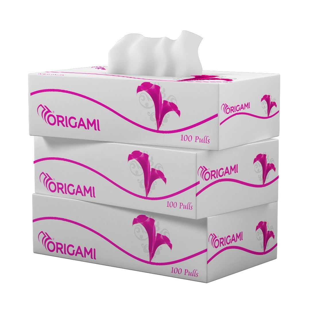 Origami 2-Ply Facial Tissues | Soft Car Tissues for Travel & On-the-Go (Pack of 3 Boxes, 100 Pulls Each, 600 Sheets Total) - Perfect for Cars, Office, and Home Use