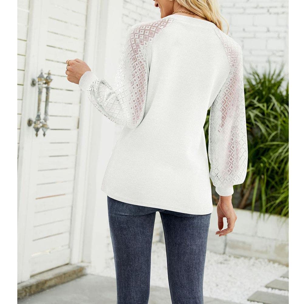 Women's Long Sleeve Lace Blouse - V-Neck Waffle Knit Tunic Top for Casual Spring Wear | Perfect for Office, Date Night & Weekend Outfits