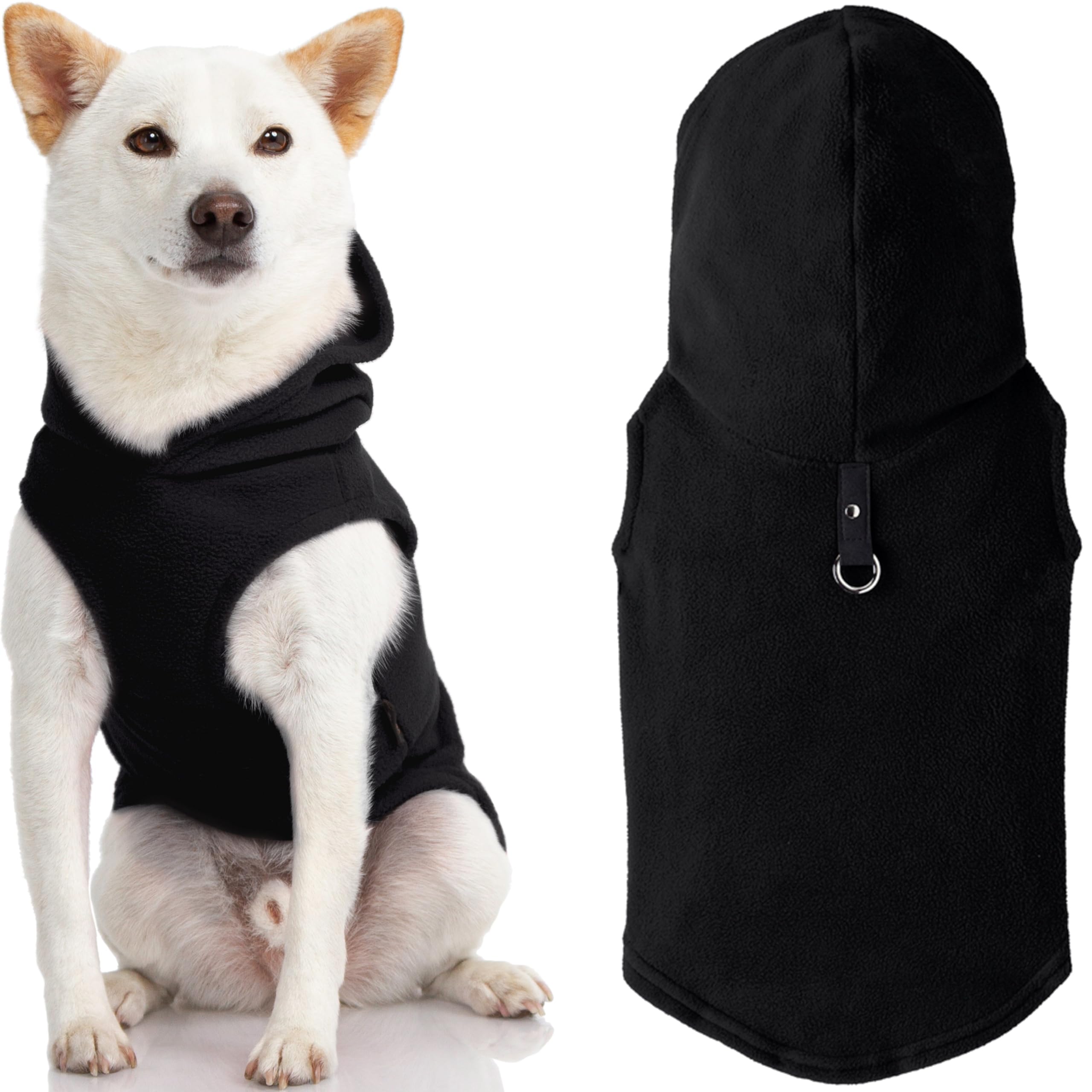 Gooby Fleece Vest Hoodie Dog Sweater - Black, Small - Warm Winter Pullover with O-Ring Leash for Small & Medium Dogs - Cozy Hooded Dog Clothes for Boys & Girls - Perfect for Outdoor Walks & Cold Weather Protection
