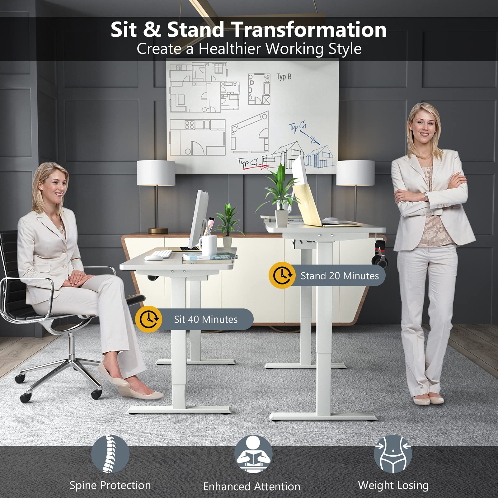 Tangkula 48 x 24 Inch Electric Standing Desk - Dual Motor Height Adjustable Sit Stand Workstation with Memory Controller, Anti-Collision & 1