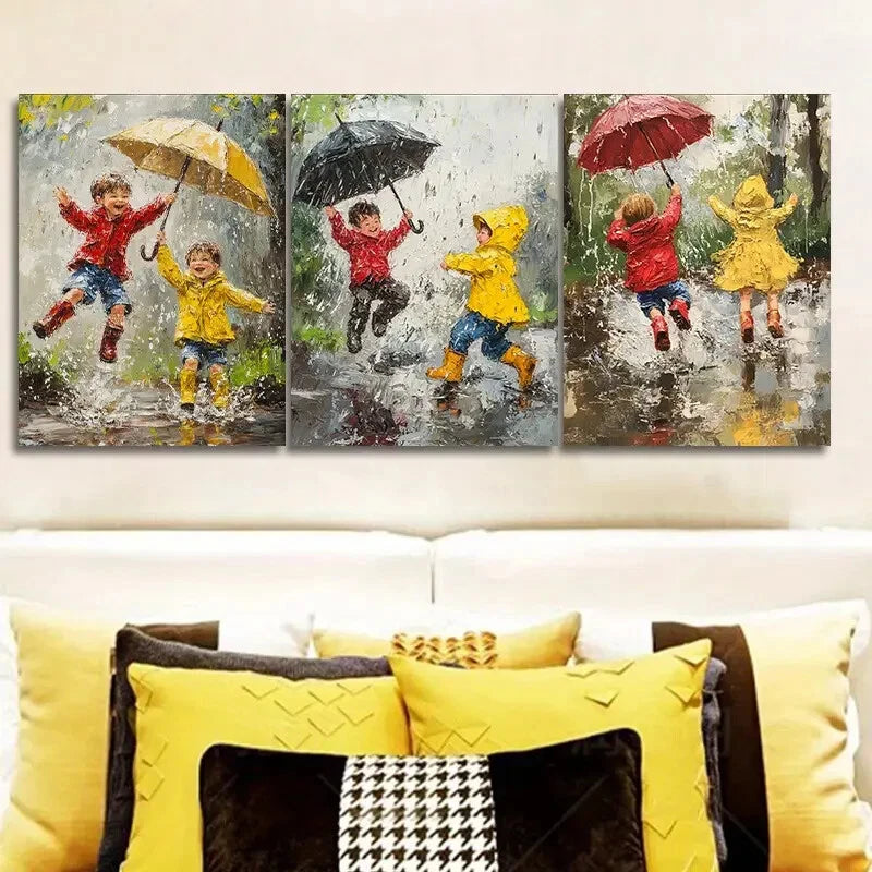 3-Piece Kids Playing in the Rain Metal Wall Art Prints - Ready to Hang Nursery Decor for Baby Room, Playroom & Kids Bedroom