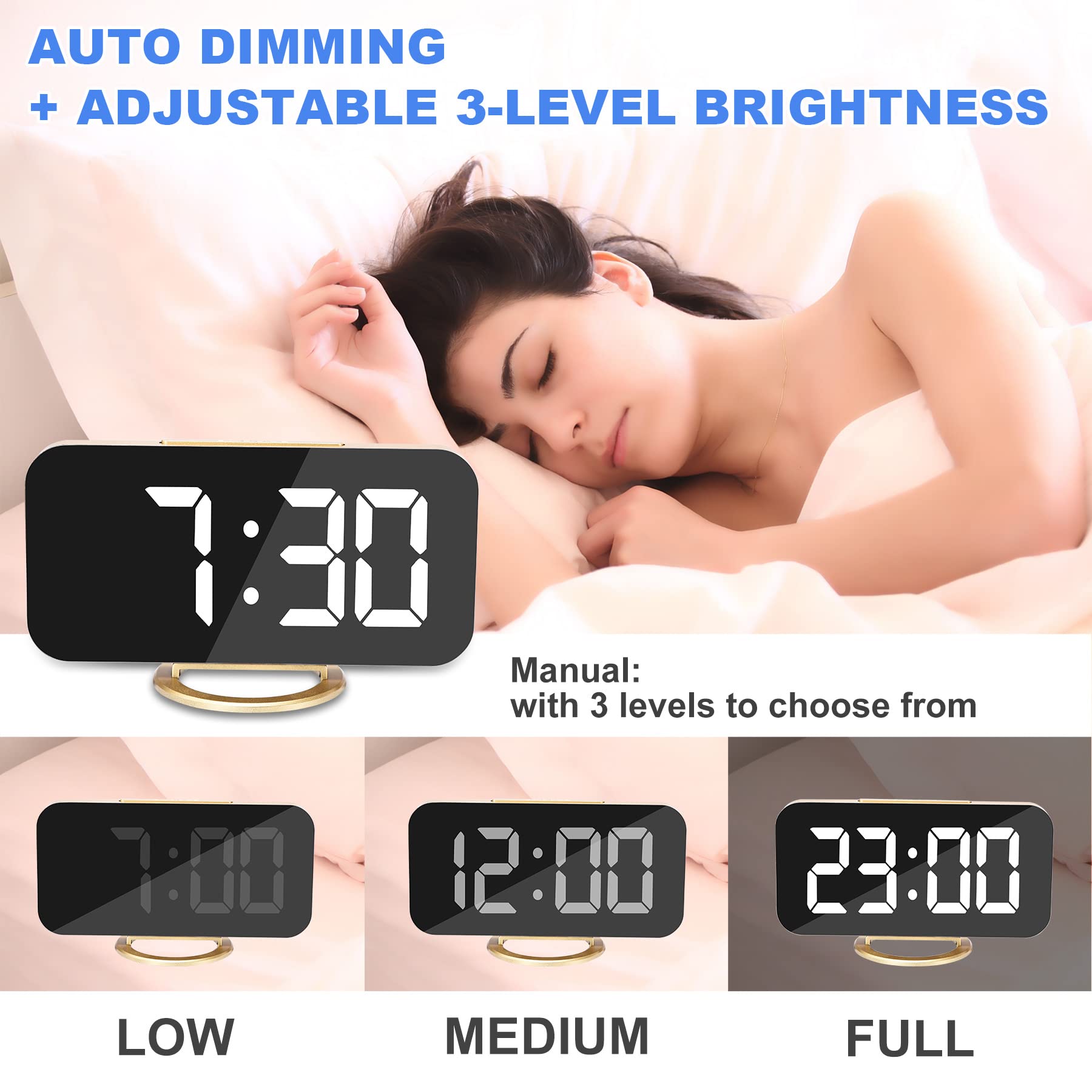 Ygdigital 6.5 Inch LED Digital Alarm Clock with Mirror Display - 2 USB Charging Ports, 3 Brightness Levels, Snooze Function, 12/24H Format - Perfect for Bedroom, Home Office, Nightstand (Gold)