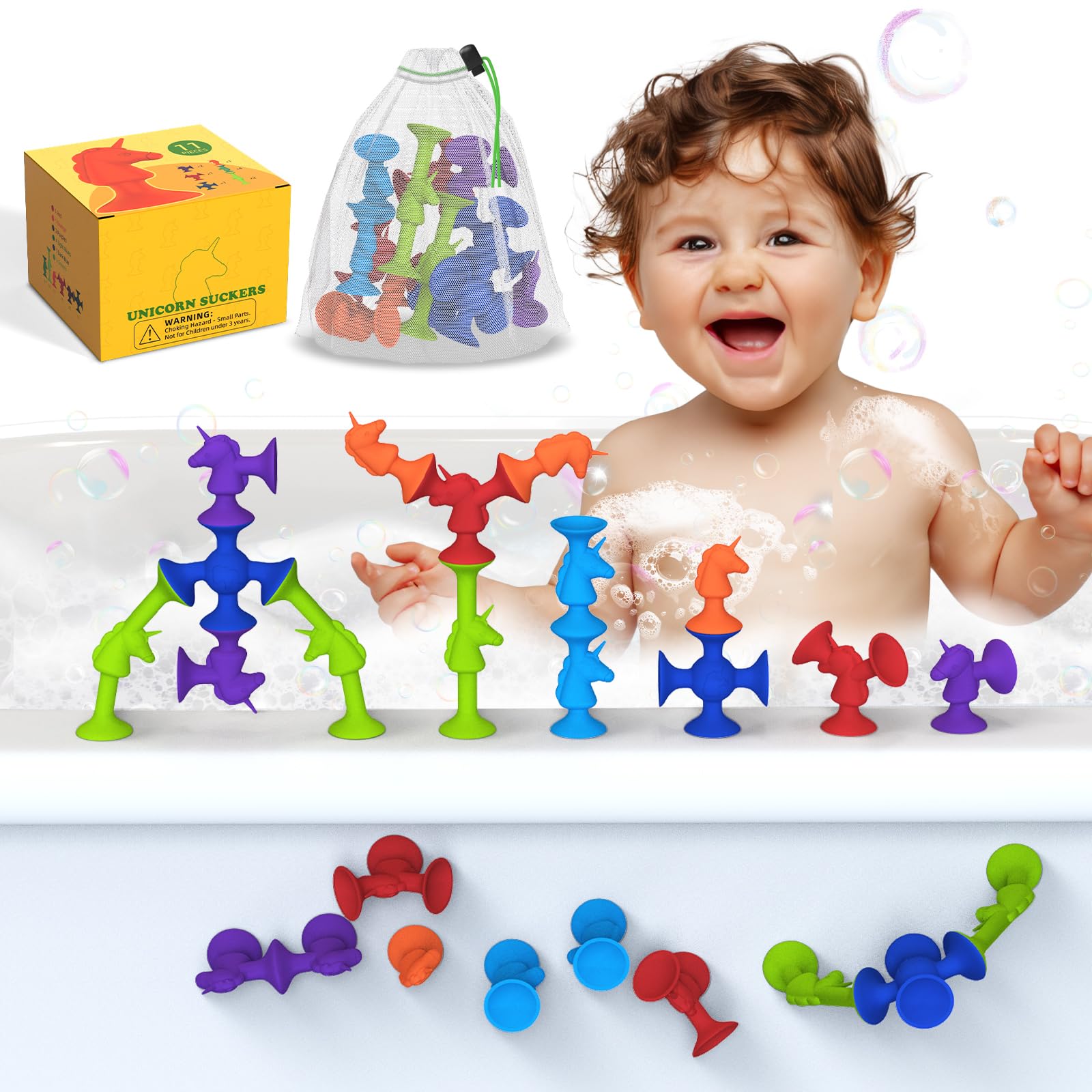 11-Piece Unicorn Bath Toys for Toddlers - Montessori Sensory Toys for Autistic & ADHD Kids - Water Play, Travel & Birthday Gift for Boys & Girls - Bathtub Fun & Learning Developmental Toys