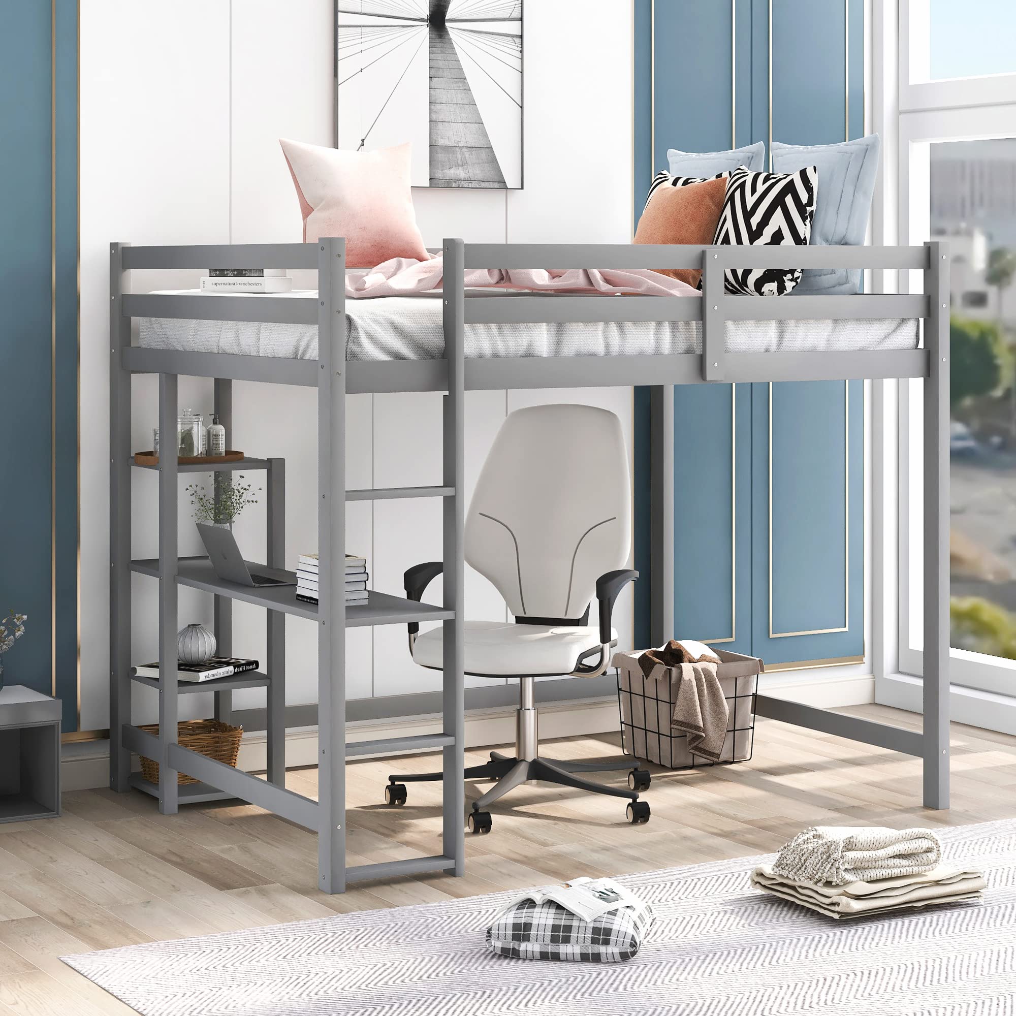 MOEO Full Size Loft Bed with Desk & Shelves - Sturdy Wooden Bed Frame with Ladder for Kids, Teens & Adults - No Box Spring Needed - Space-Saving Grey Bedroom Furniture for Small Rooms, Dorms & Apartments