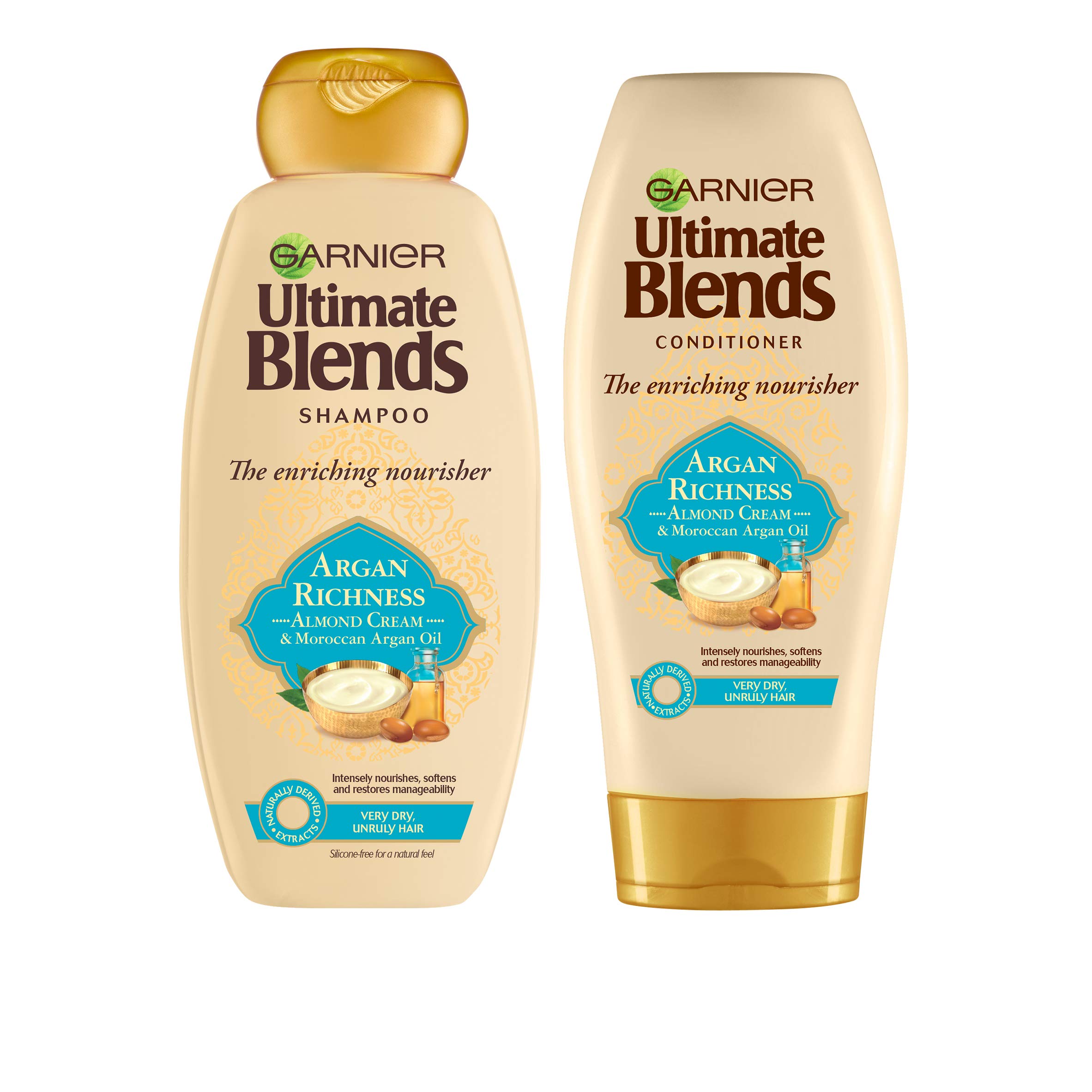 Garnier Ultimate Blends Shampoo & Conditioner Set with Moroccan Argan Oil & Almond Cream - Nourishing Hair Care for Dry, Unruly Hair - 12.2 fl oz - Perfect for Daily Hydration & Frizz Control at Home or Salon
