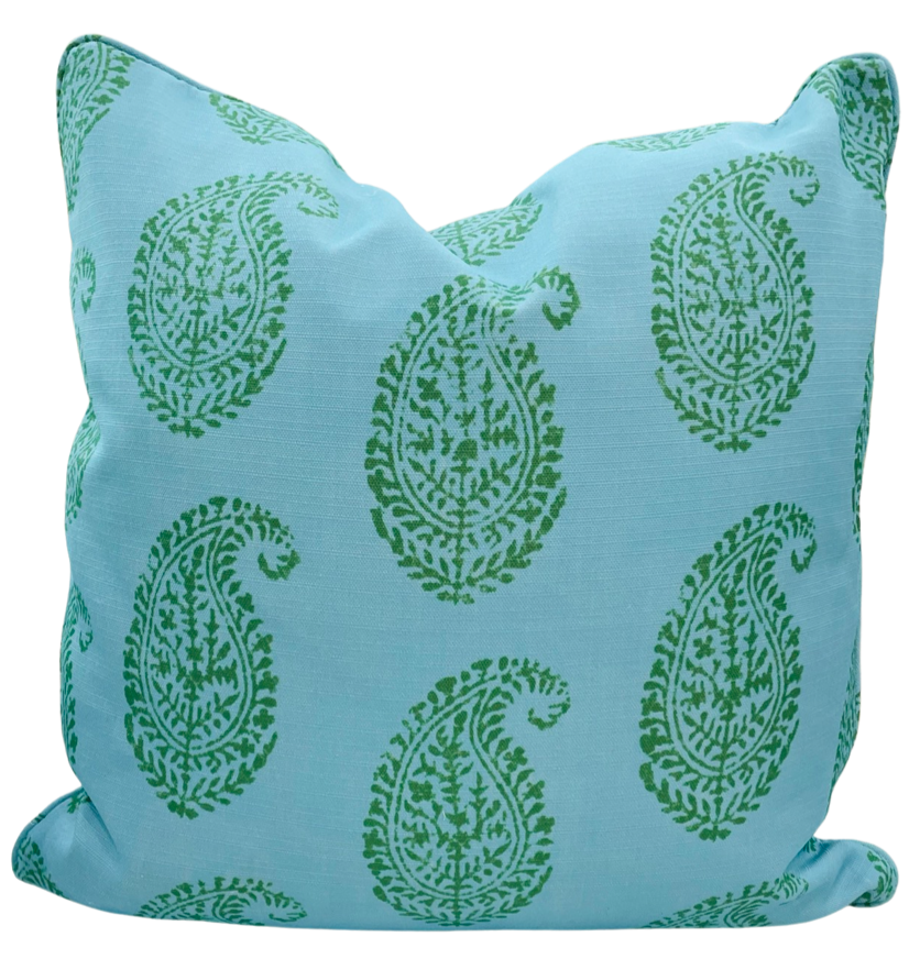 Premium Kashmir Paisley Blue Green Outdoor Pillow Cover - Waterproof Decorative Cushion Case for Patio, Garden, Poolside & Porch Furniture