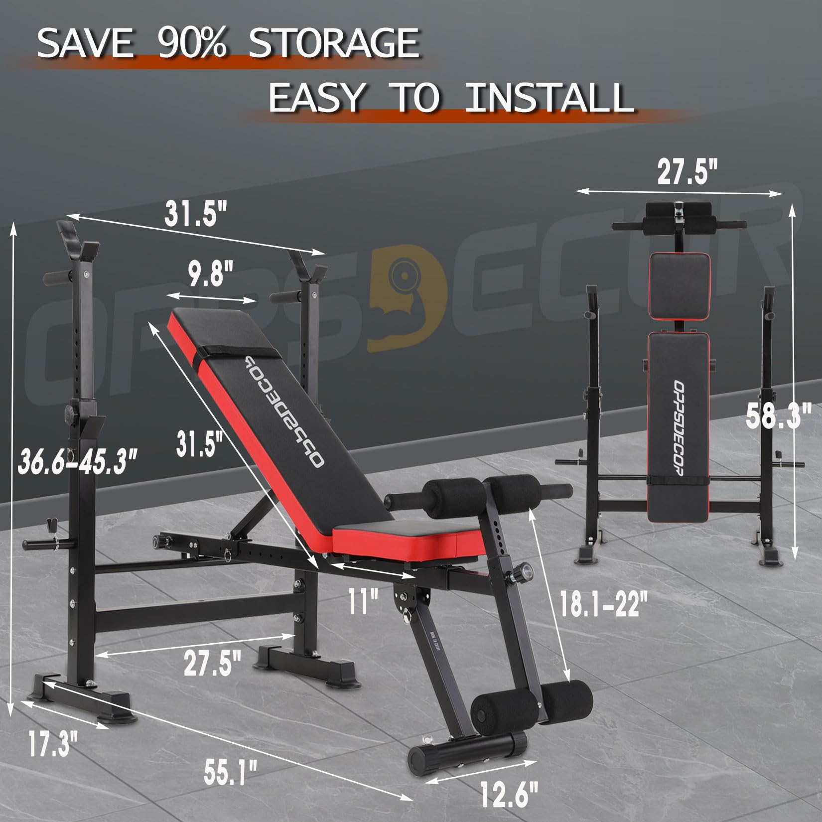 OPPSDECOR 8-in-1 Adjustable Weight Bench Set - 660lbs Capacity Olympic Workout Bench with Squat Rack, Leg Developer & Preacher Curl - Foldable Home Gym Equipment for Strength Training & Full Body Workouts