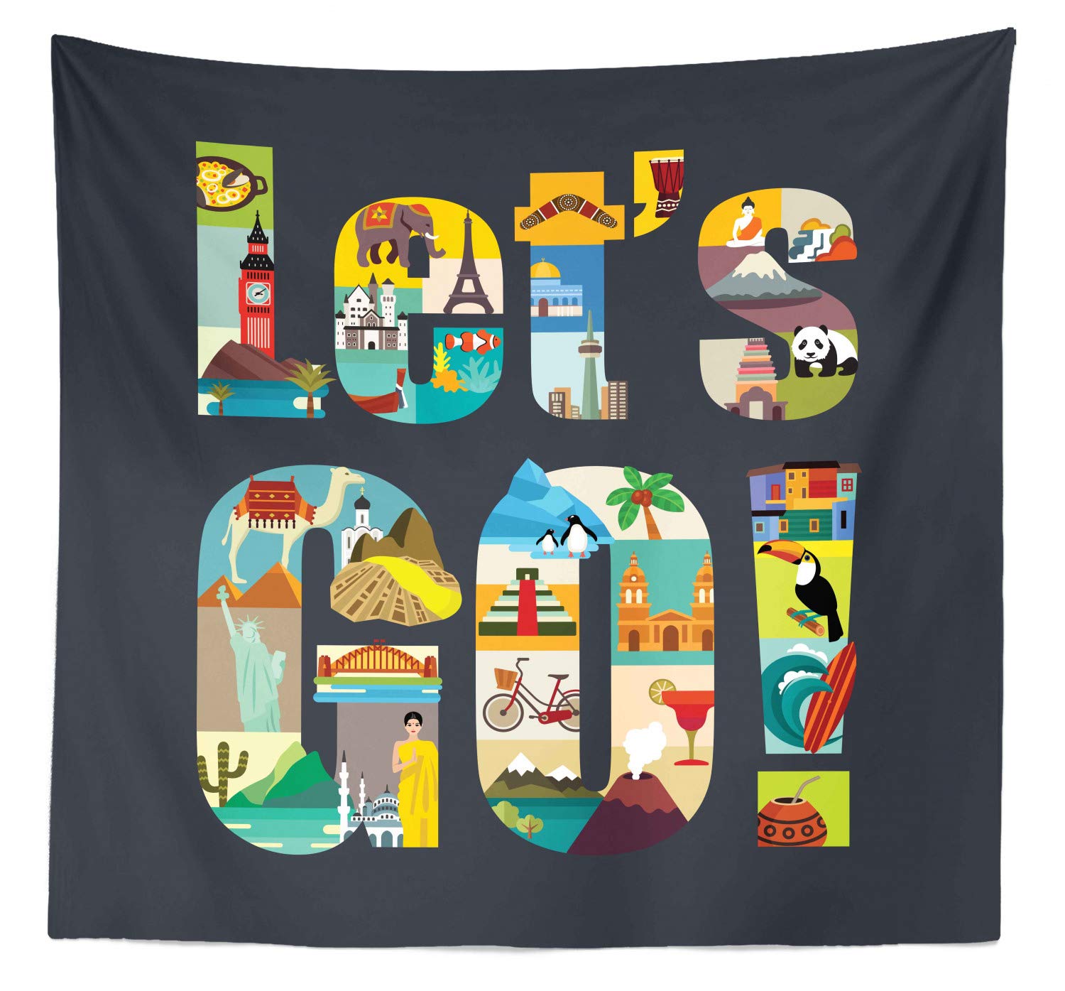Ambesonne Queen Size Travel Tapestry - World Tour Themed Wall Hanging with Typography Design, 88x88 Inch Multicolor Bedspread & Wall Decor for Bedroom, Dorm, Living Room