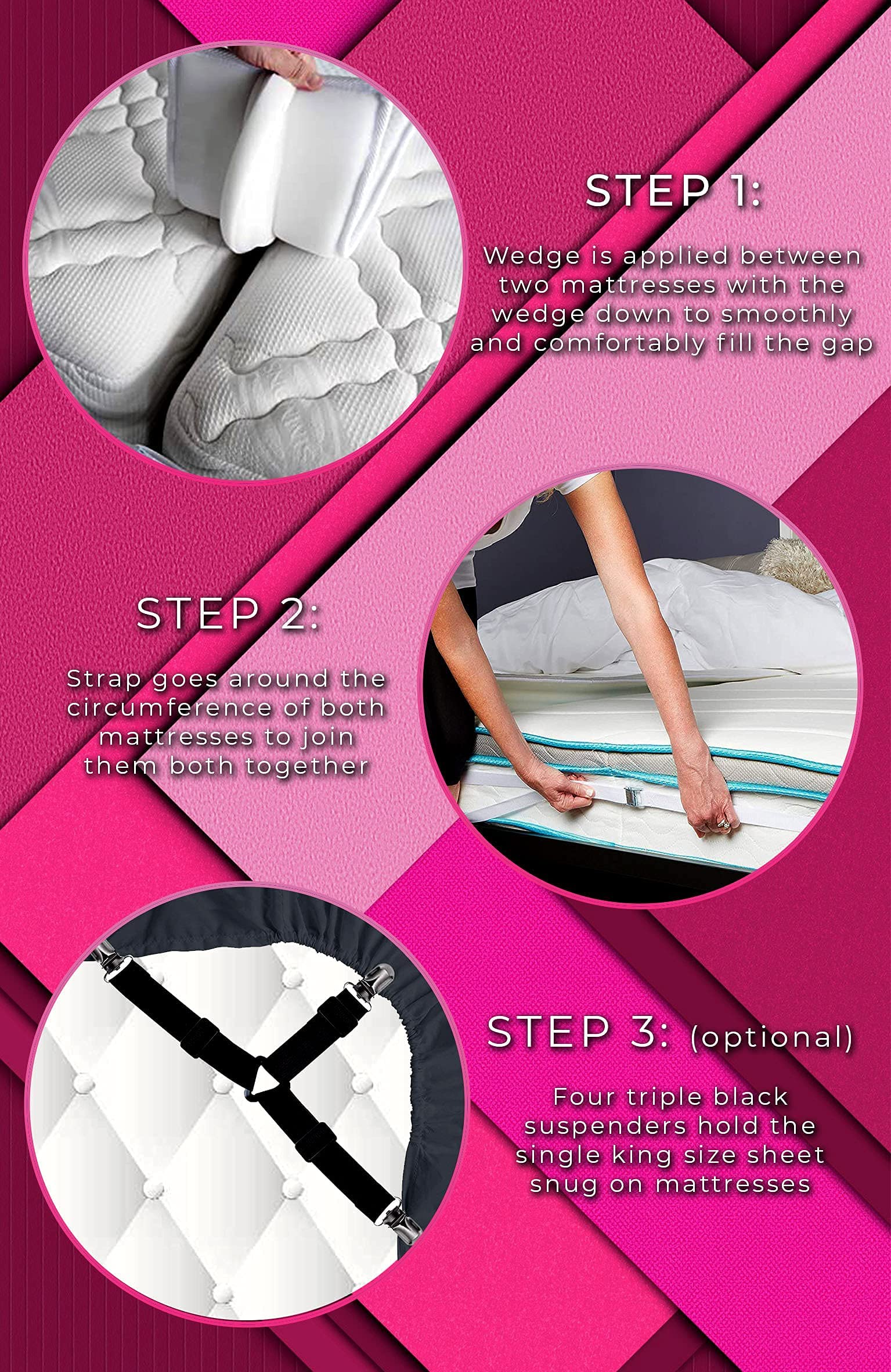 **XL Pink Samuel Bed Bridge - Twin to King Size Connector Kit with 4 Sheet Straps & Clips | 10-Inch Wide Bed Gap Filler | California XL Mattress Topper & Guest Accessories | Twin Size Mattress Cover | Perfect for Guest Beds, Dorm Rooms & Home Comfort**